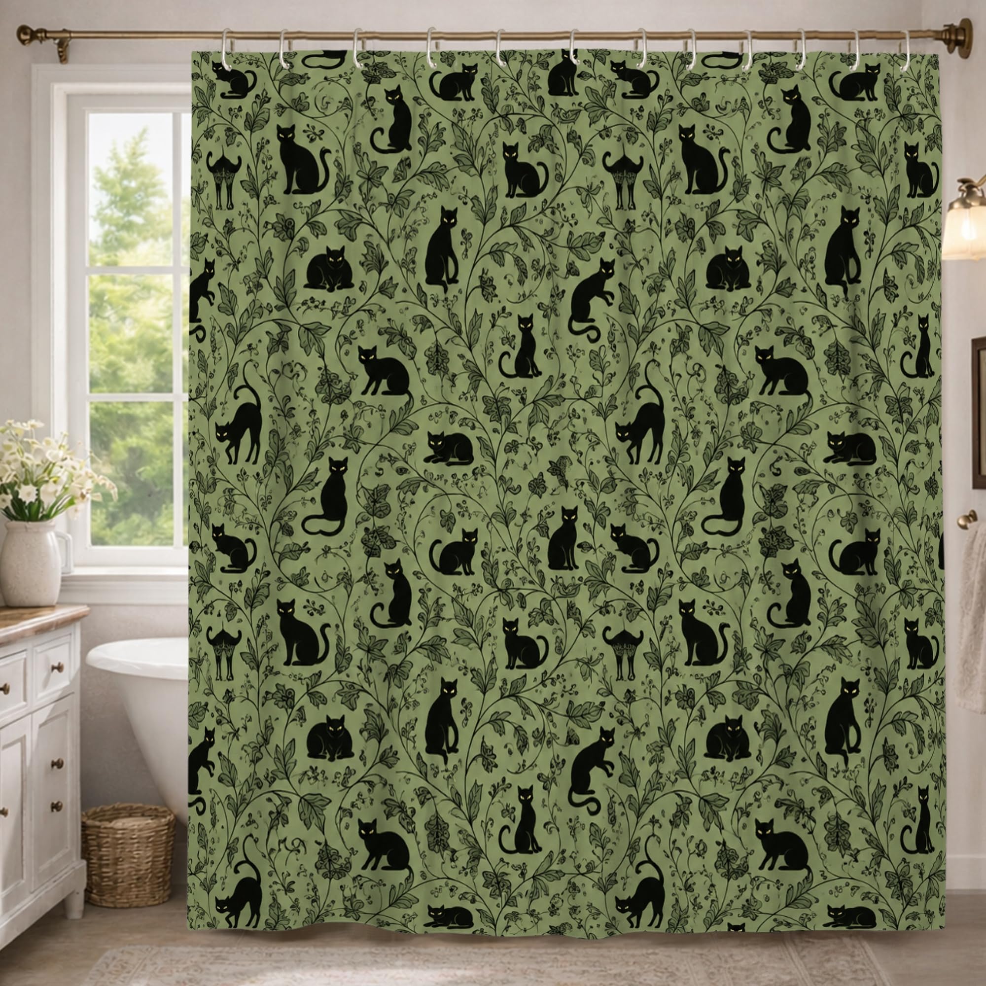 Rideau de douche extra long tissu contre les fuites d'eau motif chat vert automne