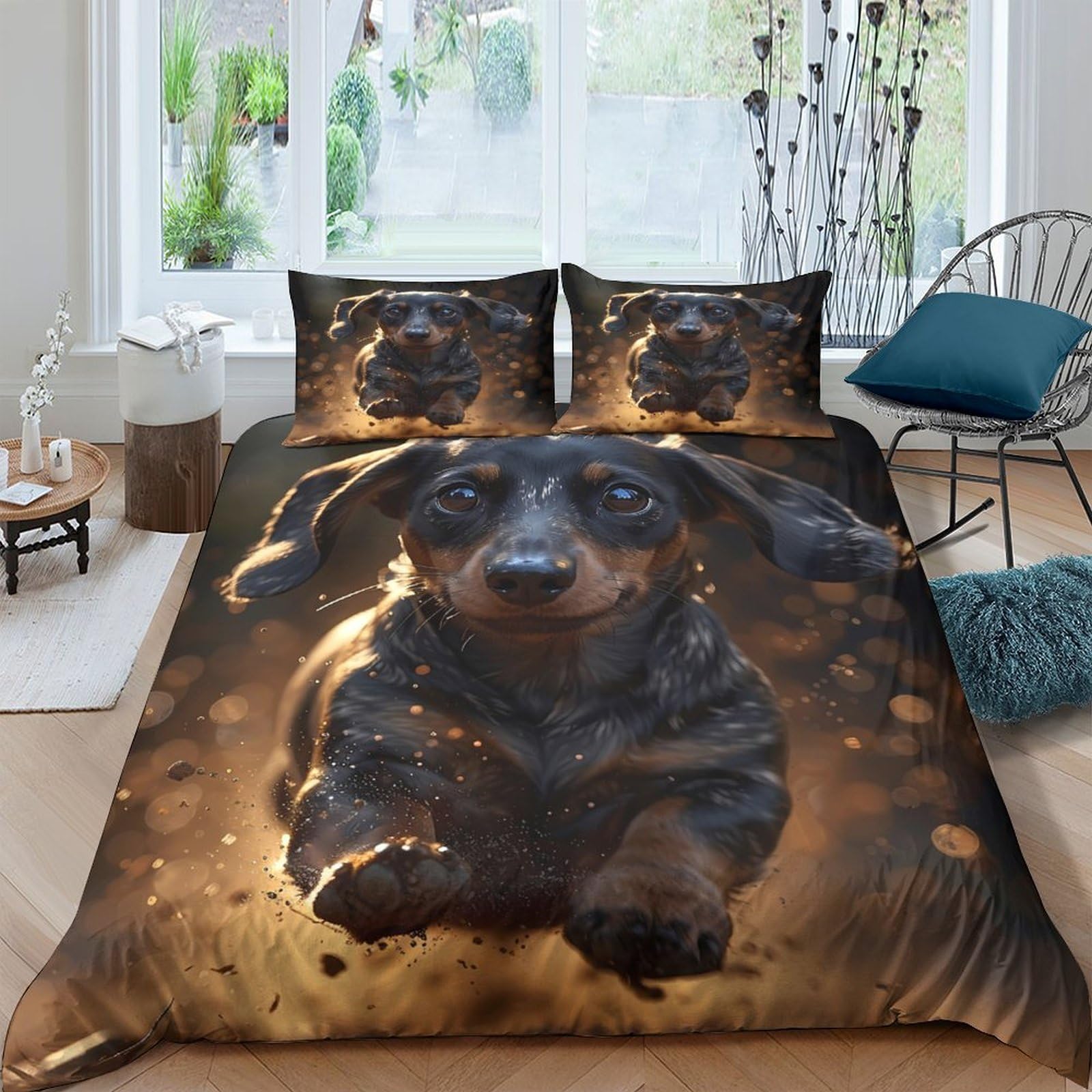XFKLYNVCJ 3D Printed Dachshund running Duvet Cover Polyester Adorable dog style Quilt Cover Stain Resistant Easy Care for Uni Student Shared Apartment Bedroom Daily Use Single（140x200cm）