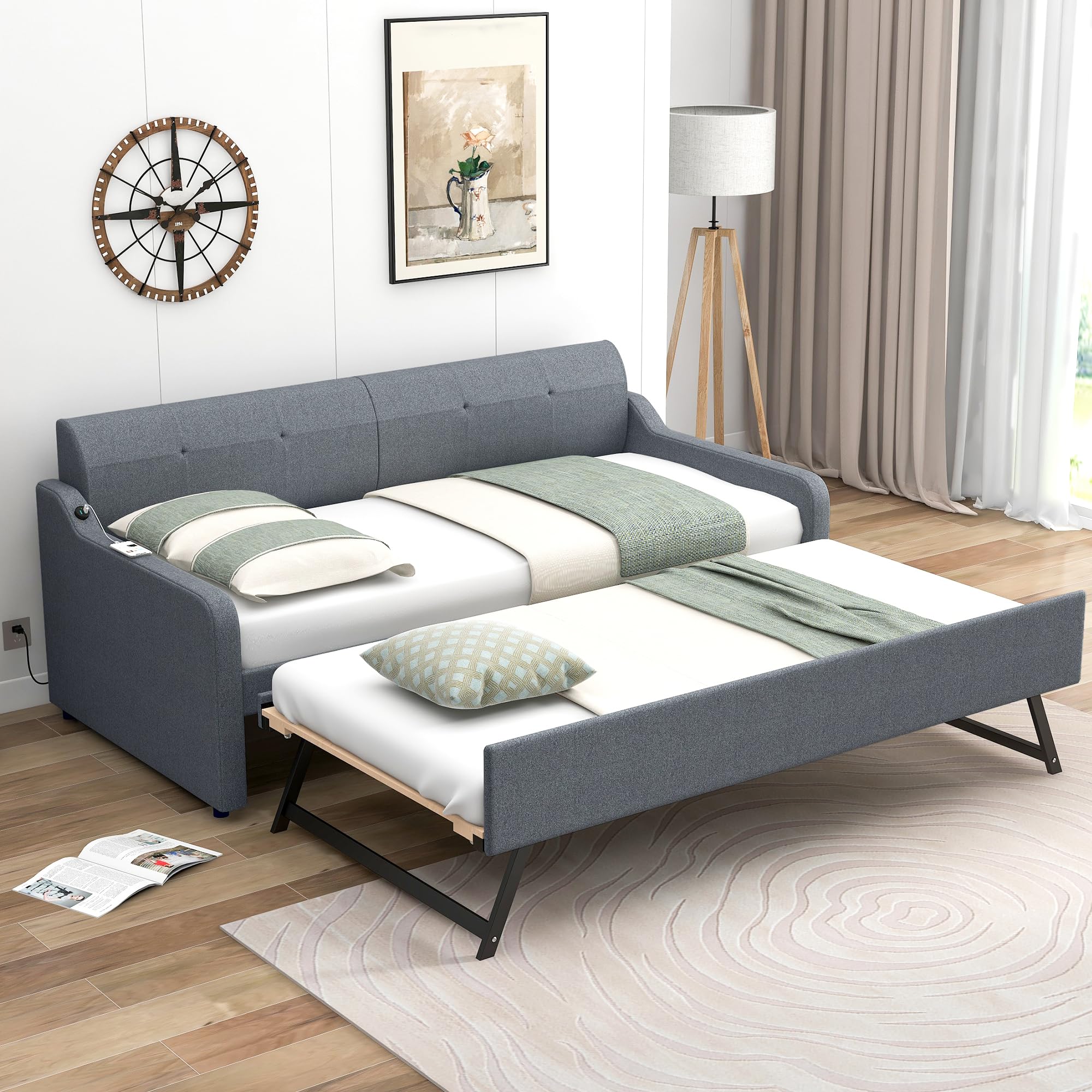 Daybed with Trundle and USB Charging Design, Twin Size Upholstery Day Bed Frame, Trundle can be Flat or erected,Grey