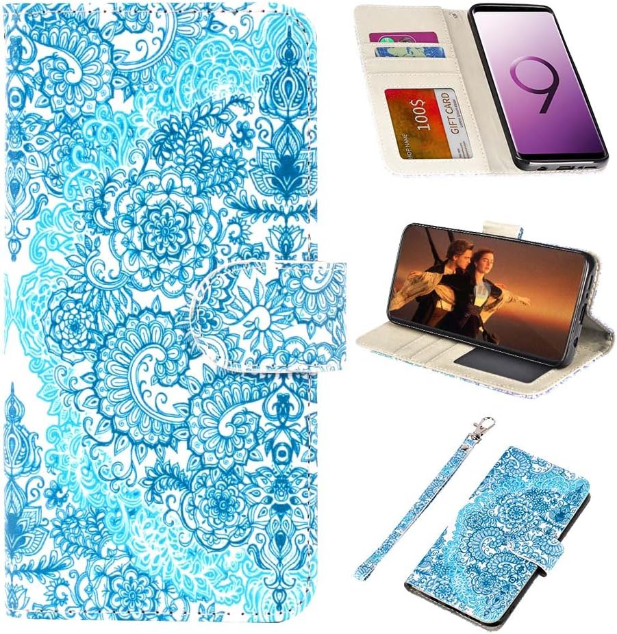 UrSpeedtekLive Galaxy S9 Case, Galaxy S9 Wallet Case Folio Flip Premium PU Leather Case Cover w/Card Holder Slot Pockets, Wrist Strap, Magnetic Closure Compatible with Samsung Galaxy S9-Green Floral