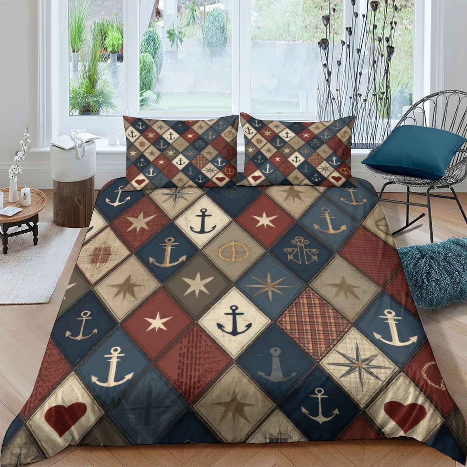 Ctjqhvkz Style-10 3D Printed Nautical Patchwork Fitted Sheet Microfiber Soft Breathable Anchor Star Bed Cover For Bedroom Guest Room Mattress Protection Single（135X200cm）