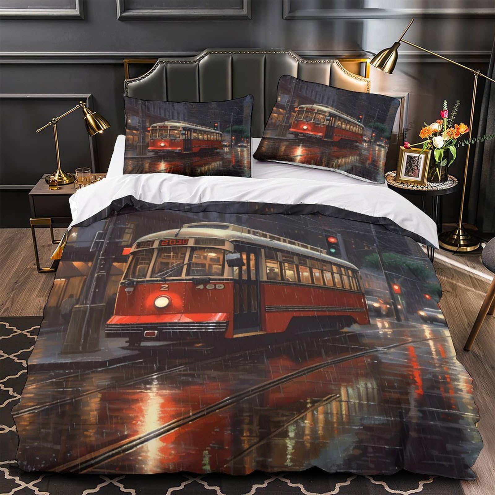 Housse de Couette Tramway d'époque Imprimé en 3D Parure de Lit 140x200