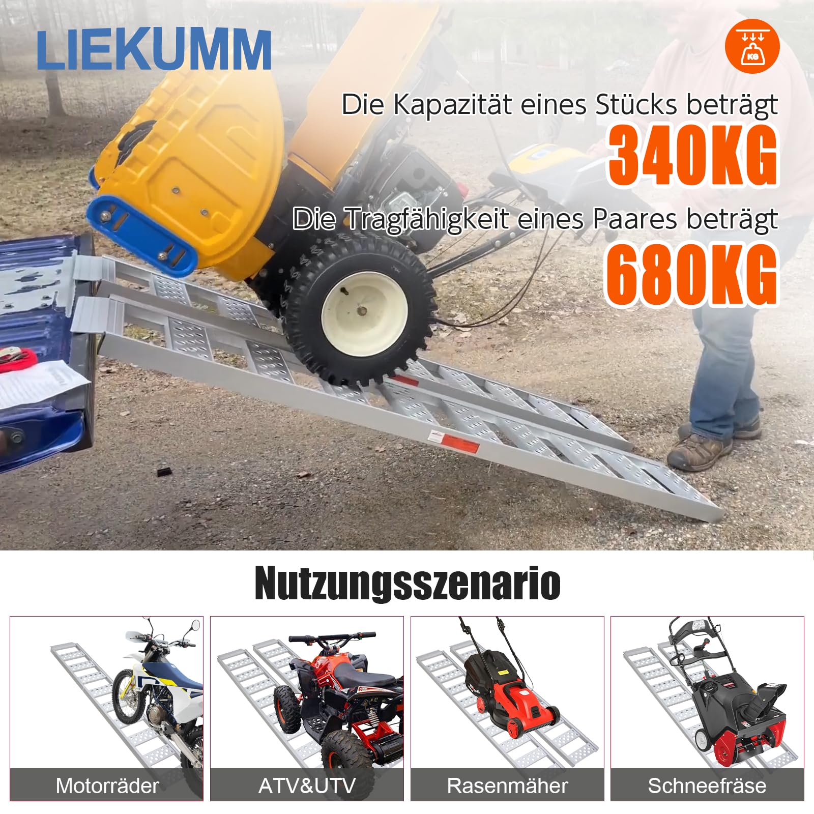 LIEKUMM 2 x 195,5 cm Auffahrrampe, 680 kg Tragkraft Auffahrrampe für Anhänger, Aluminium Leicht Motorrad Rampe für ATV, Motorrad, Fahrrad, PKW, Auto Laderampe