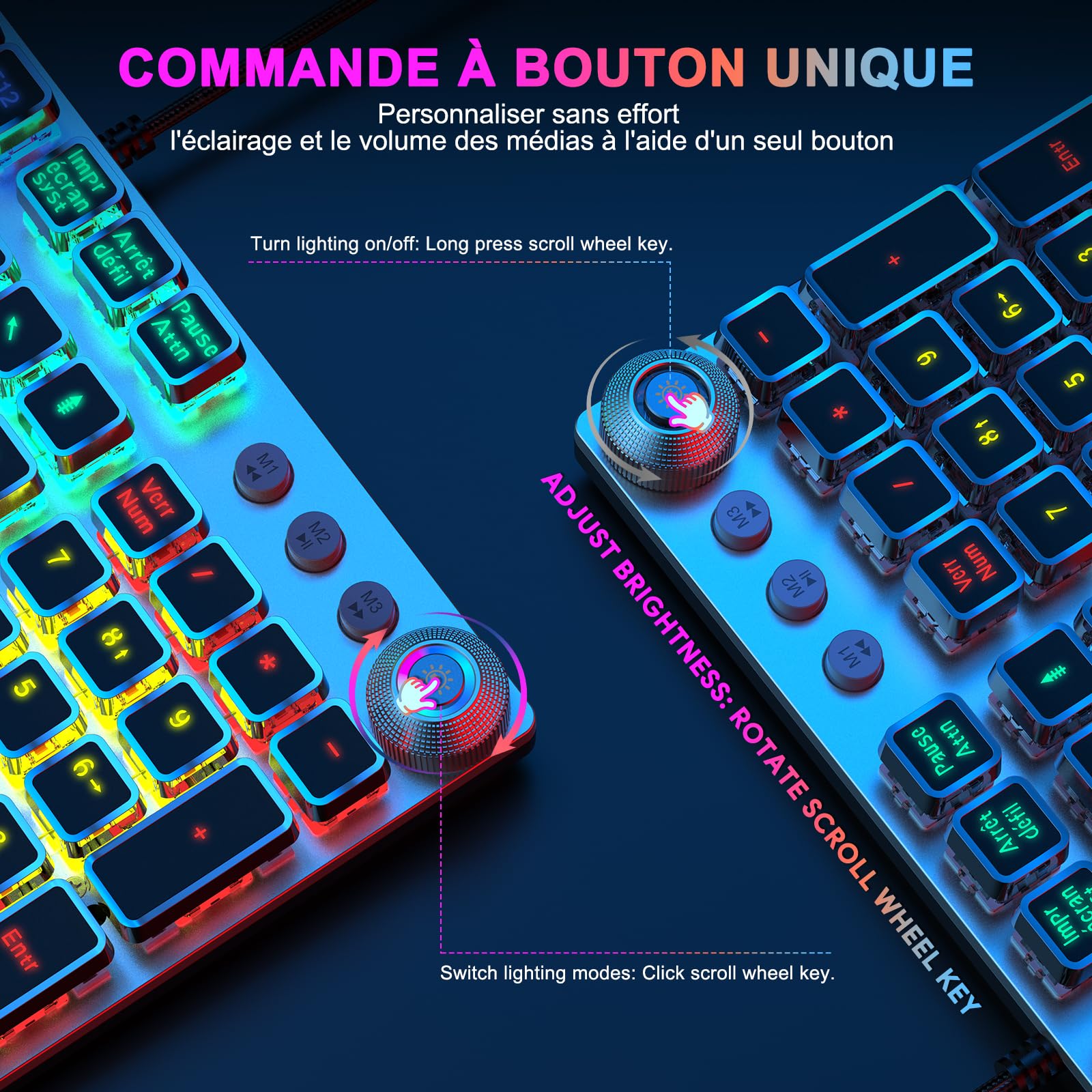 TECURS Clavier Gaming Mécanique - Clavier Gamer Programmable avec Repose-Poignet Magnétique, Switchs Rouges, 19 Modes LED, Touches Multimédia, Clavier AZERTY PC/Wins/PS4