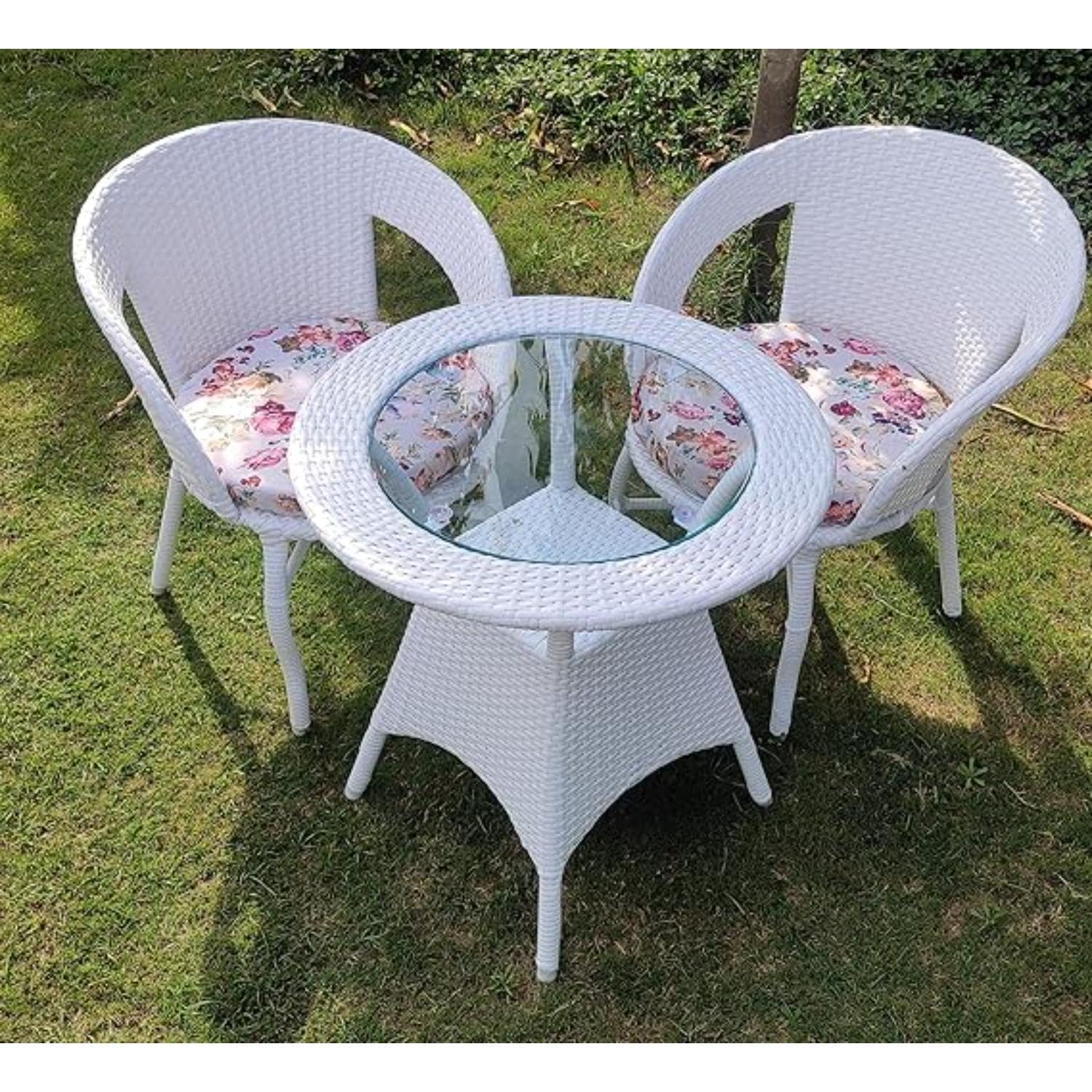 Furniture D-12 Wicker Patio Furniture Sets for Garden Balcony Outdoor Coffee Chair Table Set | Cushion | Powder Coated | UV Protected | Conversation Set |2CHAIR 1TABLE Set(Flower Print)