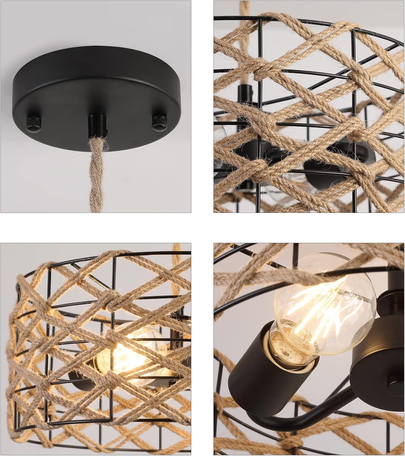 AMZASA Boho Pendant Light Rustic Hand-Woven Hemp Rope Drum Cage Rattan Hanging Lamp Wicker Coastal Farmhouse Chandelier 2 Lights for Hallway Entryway Kitchen Island Dining Room