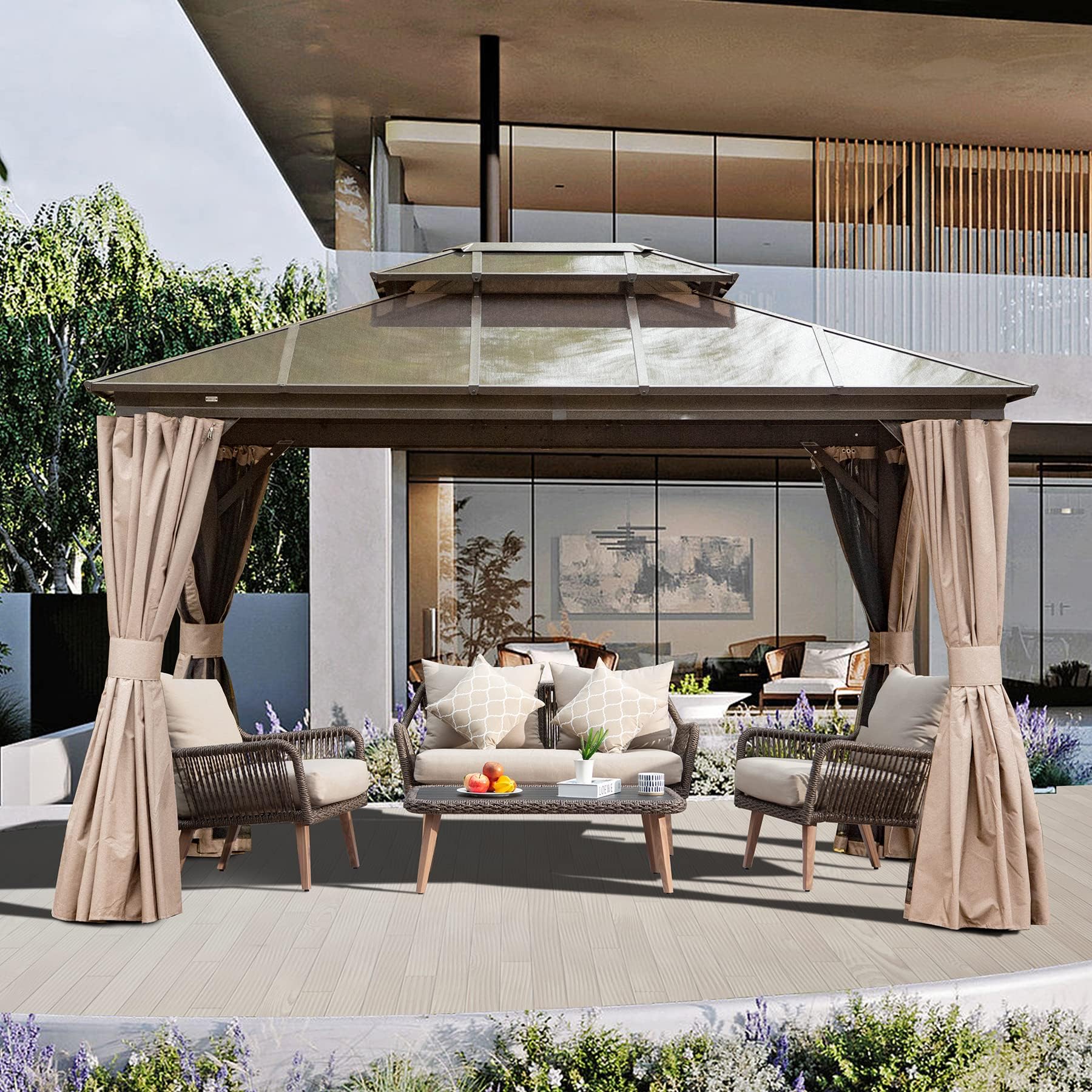 Domi 10' X 12' Hardtop Gazebo with Polycarbonate Double Roof, Aluminum Frame, Curtains & Netting, All-Weather Backyard Shade Structure for Patio,