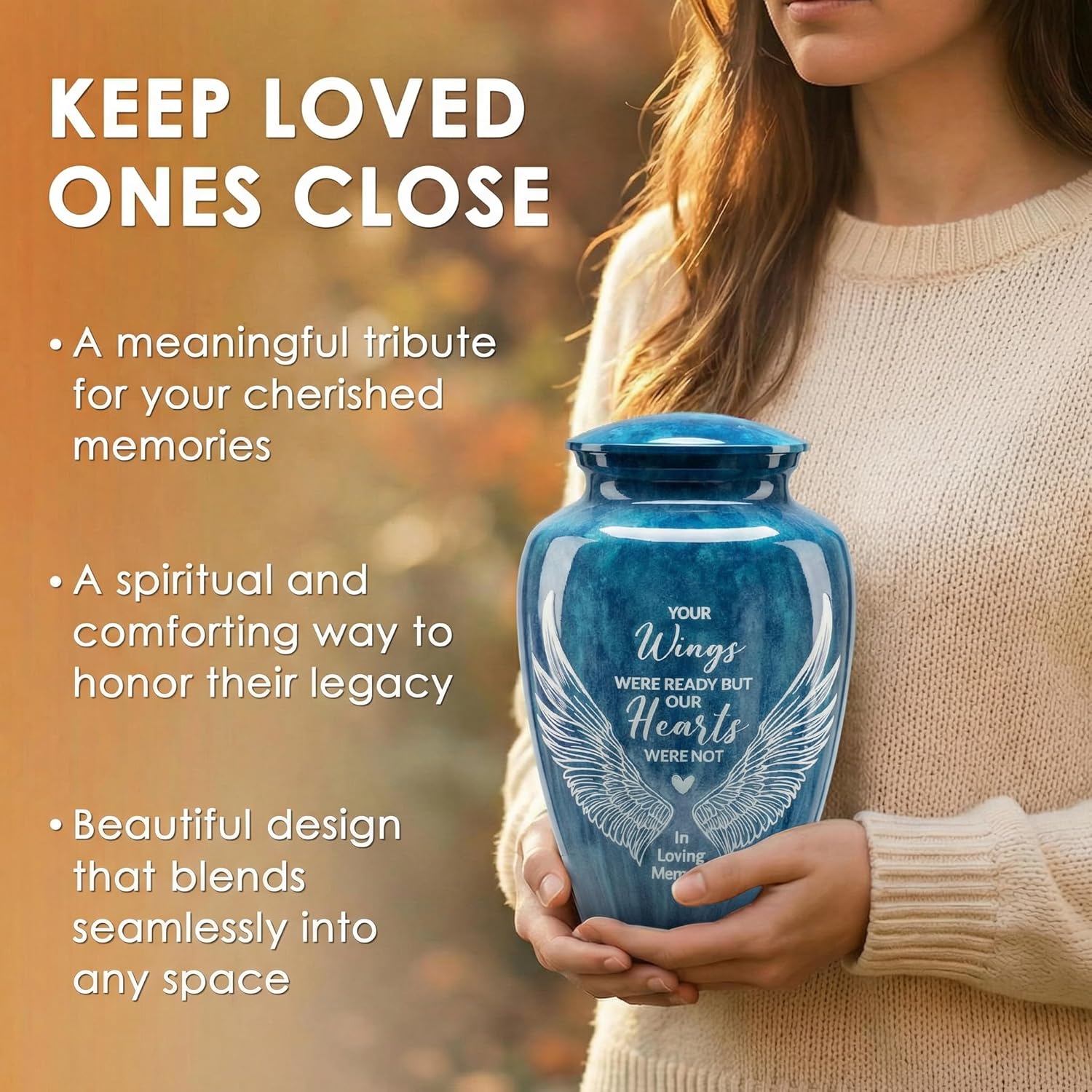 Handcrafted Urn for Human Ashes, Large Decorative Cremation Urns, Memorial Funeral Urn for Men & Women Adults with Angel Wings Finish, Metal Alloy 10" H x 6" W