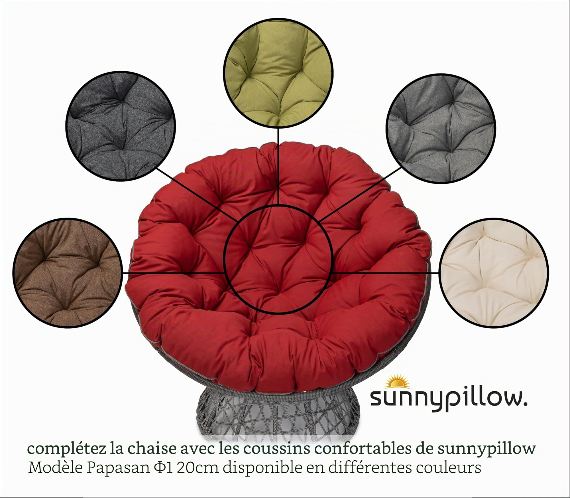 Sunnypillow Coussin pour Fauteuil Papasan - Rond diamètre 120 cm épaisseur 15 cm - Résistant aux UV, imperméable, extérieur/intérieur - Coussin de Sol pour Meubles de Jardin - Anthracite