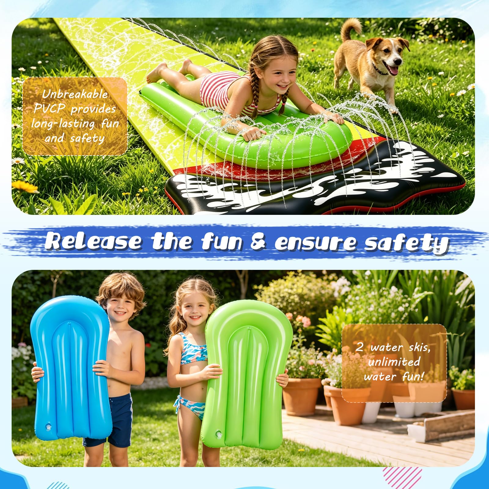 Wasserrutsche Garten für Kinder, 480 * 71cm Wasserrutschmatte mit 2 Bodyboards, Wasserrutsche Kinder Draußen, Sommer-Wasserspielzeug für Gärten Rasenflächen und den Außenbereich