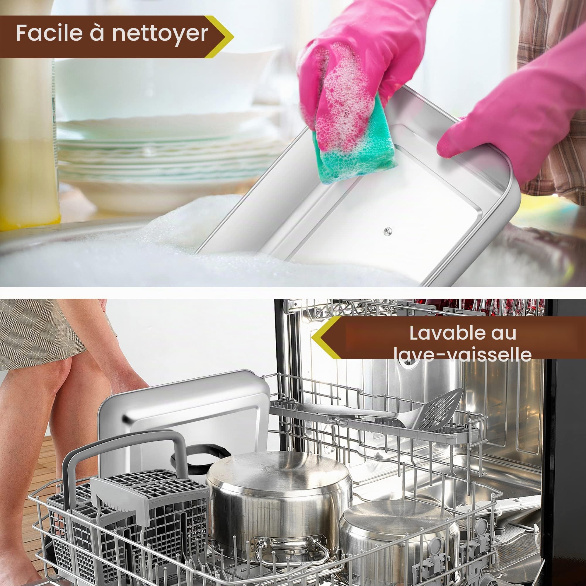 Herogo Lot de 2 bombes de cuisson rectangulaires en acier inoxydable avec poignée résistante à la chaleur, idéales pour barbecue, grill à dessus plat, passe au lave-vaisselle, Argenté.