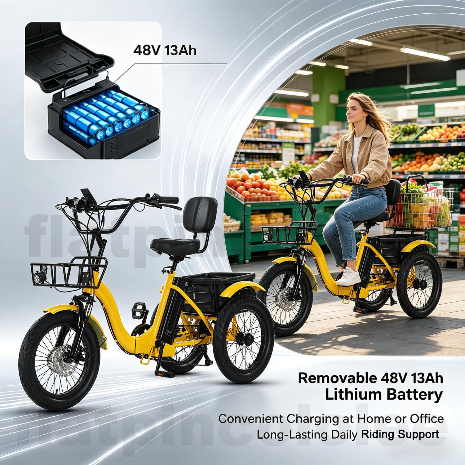 Tricycle Électrique Adulte Pliable 18", Vélo Électrique 3 Roues Stable, 3 Modes Conduite, Pneus Larges 18×3.0, Panier Avant Arrière, Charge Max 150kg, Idéal Courses, Ville, Seniors Mobilité Yellow