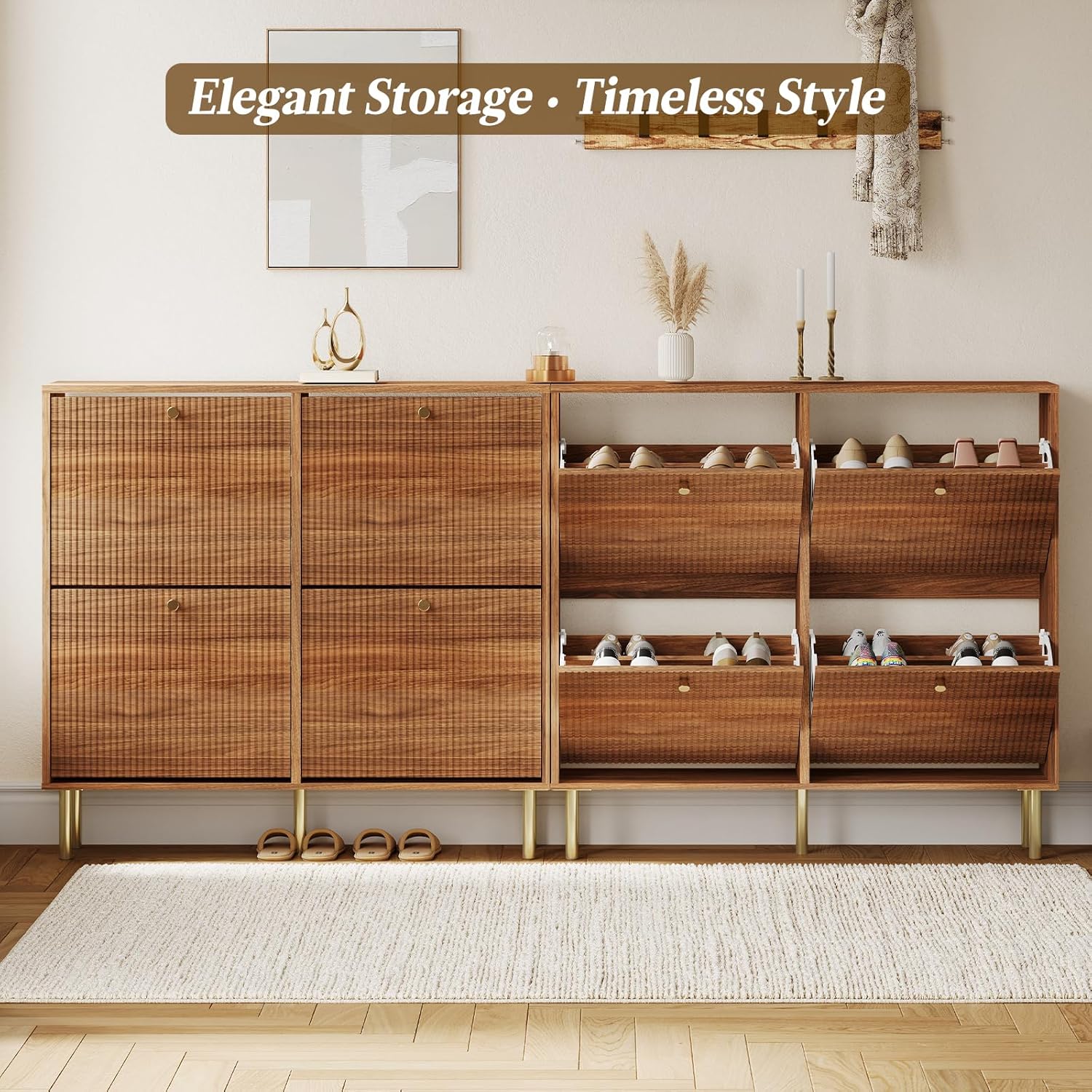 Nicetree Shoe Storage Cabinet for Entryway - 4 Flip Drawers Shoe Cabinet with Tiered Fluted Design - Slim Shoe Storage Rack with Gold Legs - Narrow Shoe Cabinet Hidden Shoe Organizer for Small Spaces