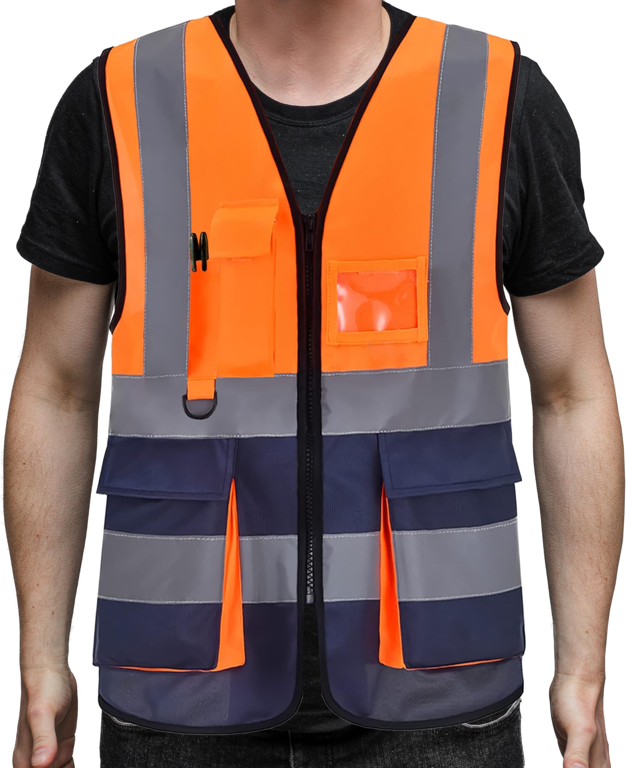 PB TECH Hi-Vis Zipper Front High Visibility Reflective Vest with Multiple Pockets for Adults in Various Professions and Activities Requiring High Visibility Clothing