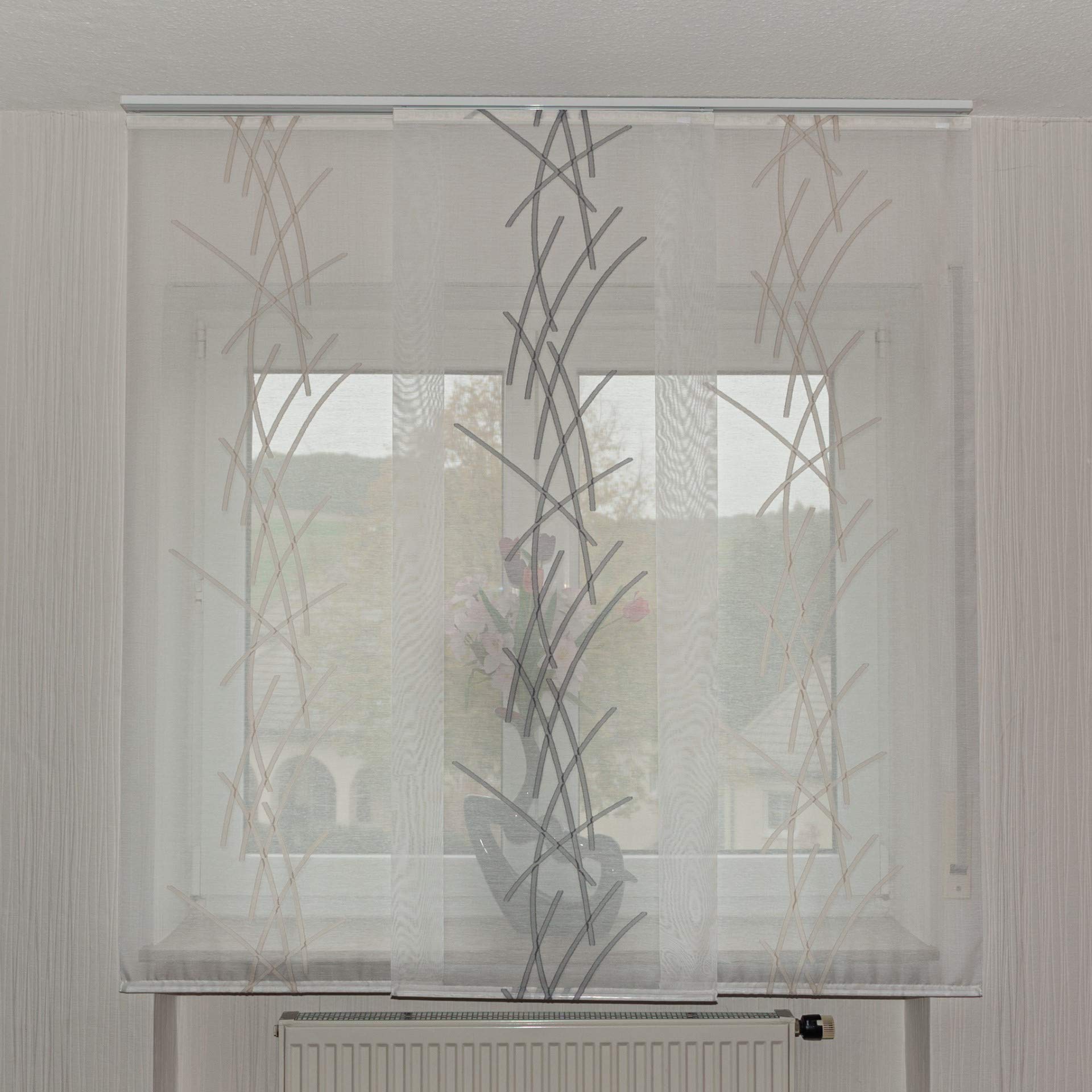 3er Set Schiebegardine Flächenvorhang inkl. Zubehör (in versch. Längen) Caline-Camelia II, Farbe:weiß-grau, Vorhanglänge:150 cm, Farbe Paneelwagen:Weiß