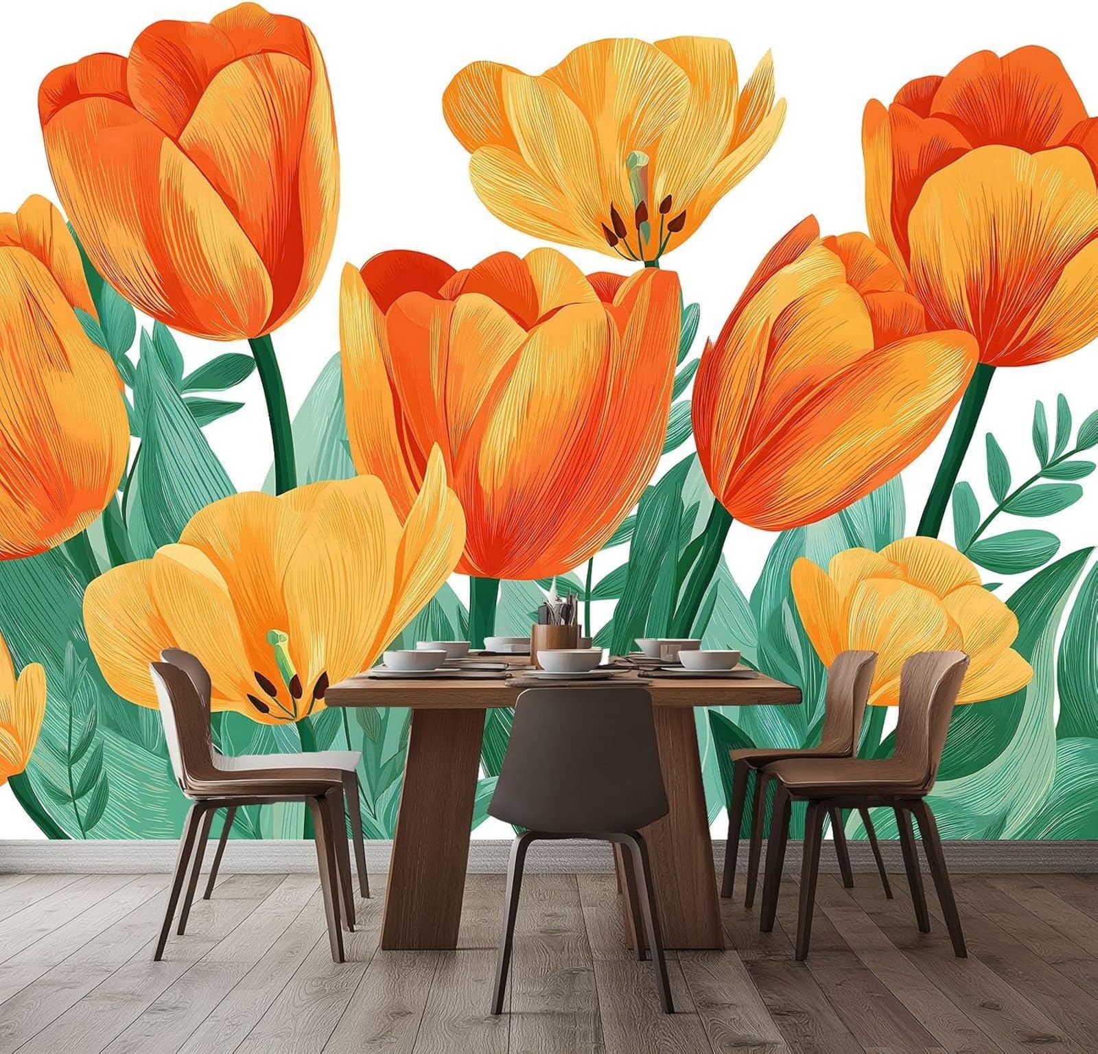 hgjdjhnf Photo Wallpaper Hand-Drawn Tulips Wallpaper wall Covering wall Decoration Design Patterned Wallpaper wall Decoration Living Room Bedroom Office Hallway, Green, 400cm x 280cm