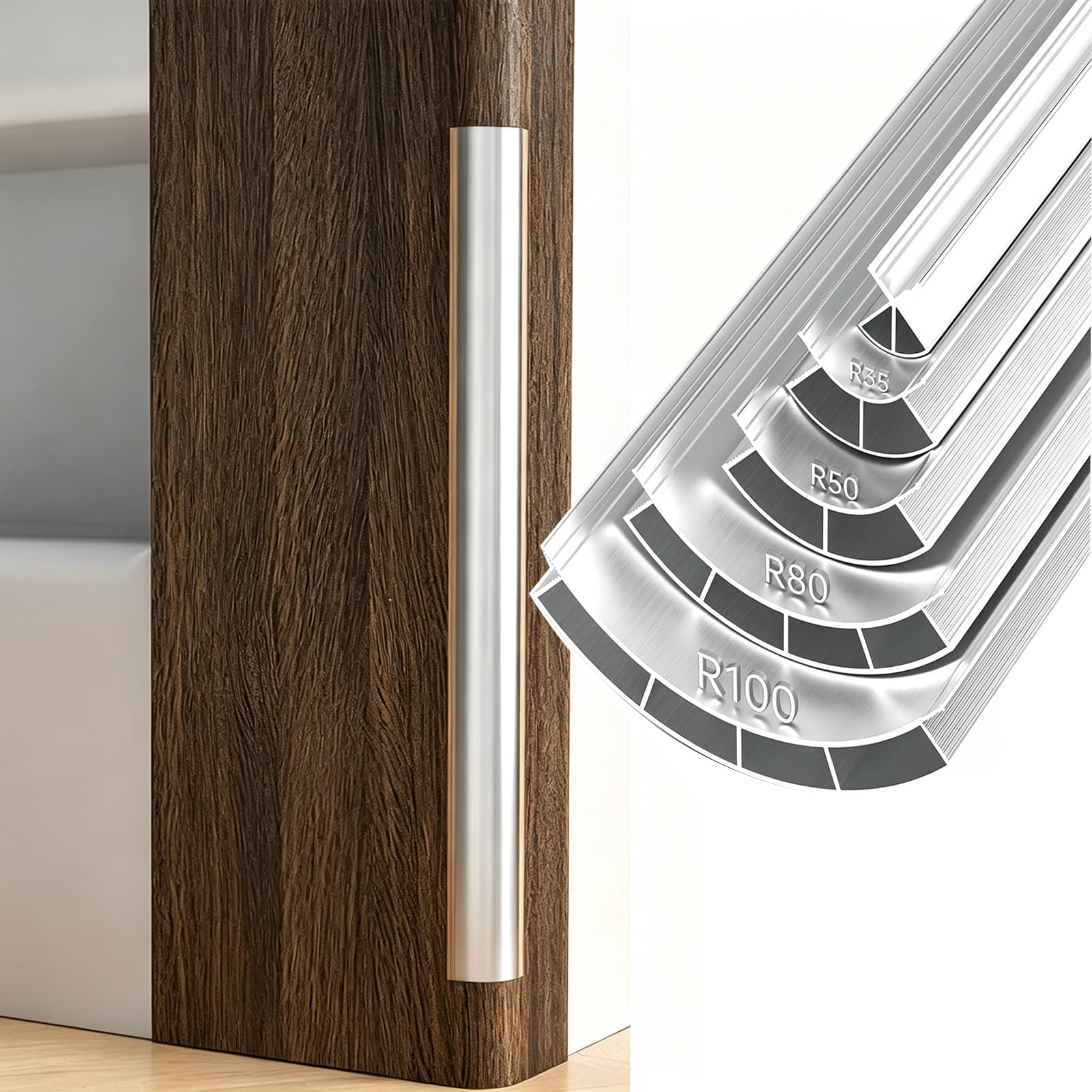 Profilo angolare esterno curvo in alluminio, Modanatura a raggio multiplo R18 R35 R50 R80 R100 per angoli di pareti rivestite in legno(Radius 100mm,5.58ft/170cm)