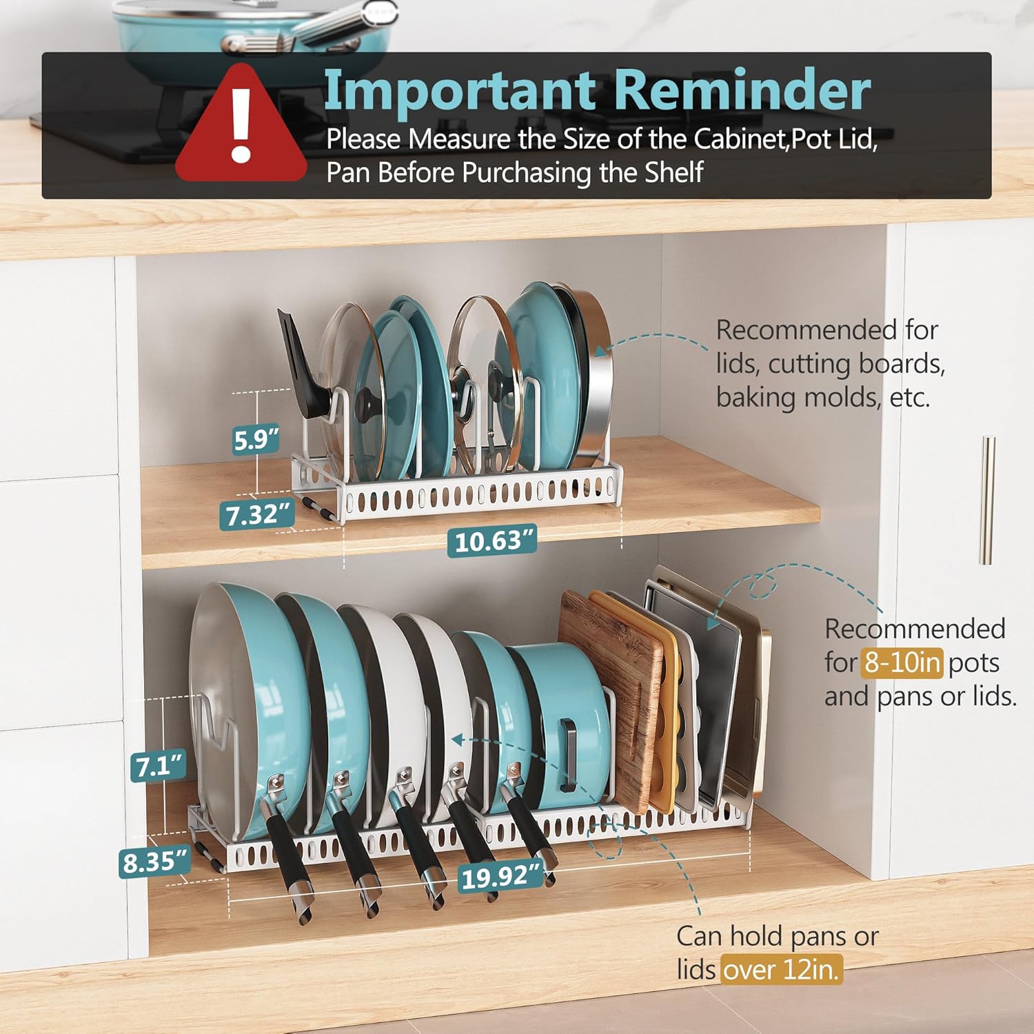 3-Pack Pots and Pans Organizer for Under Cabinet, Bright White