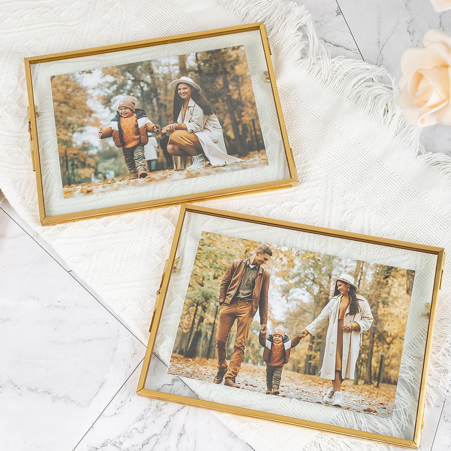 Set of 2 Gold Floating Picture Frame for 5x7 Photos, Glass Pressed Picture Frames, Horizontal Standing Tabletop Glass Floating Frame for Home Decor