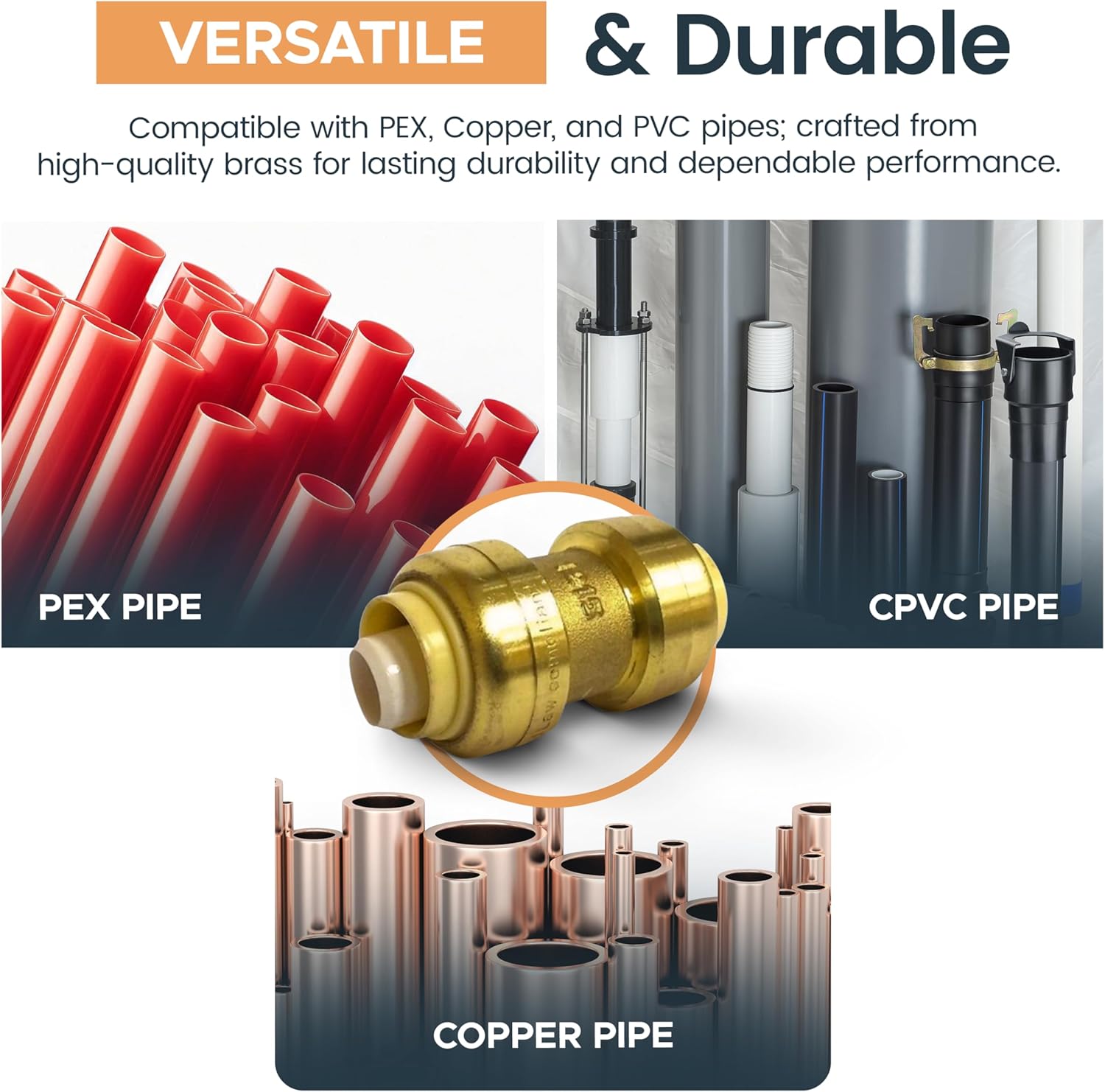 1/2" Push Fit Coupling Connection Fittings - Brass Plumbing Connectors for PEX, Copper, PVC Tubes & Pipes, Quick Connect, Bite Adapter, Slip Reducer, Valve Tool, Water Line Saver, Expansion - 5 Pack