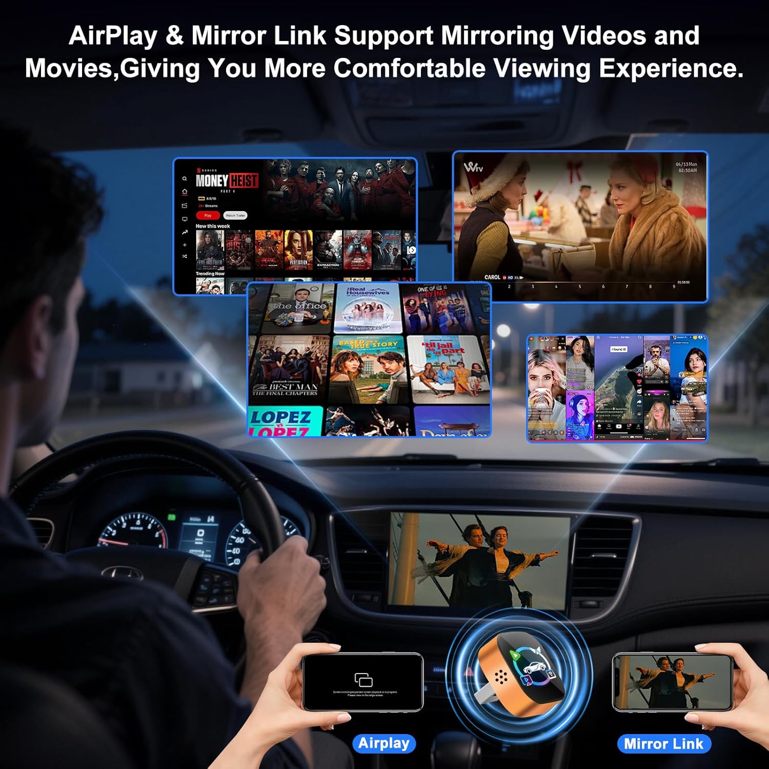 Wireless CarPlay Adapter 4 in 1 Car Screen Mirroring Adapter to Play TV on Car Screen for iPhone & Android, Upgrade Support Airplay&Mirror Link,CarPlay&Android Auto,Wired to Wireless,Plug and Play