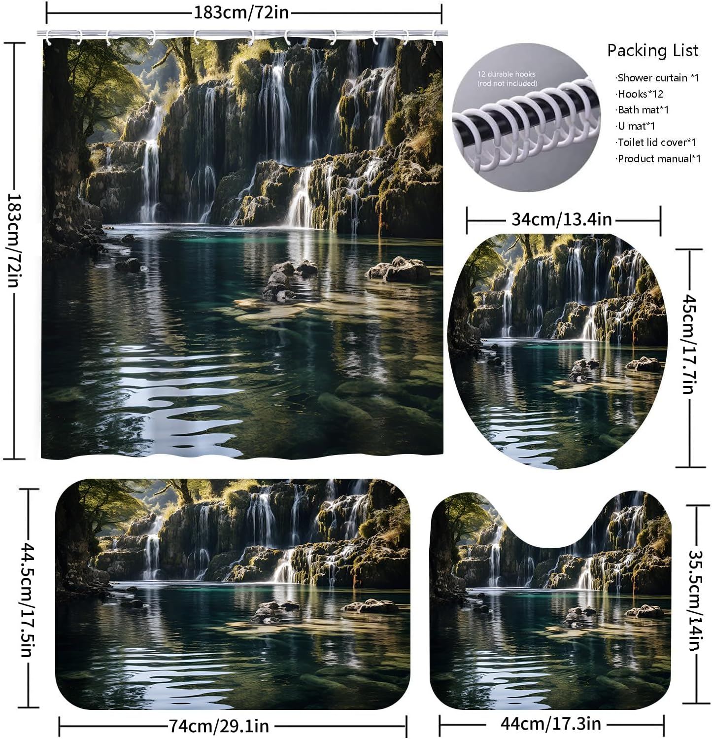 Beautiful Lake Waterfall 72"X72" Curtain for Showers Rocks and Mosses Decor Bathroom Forest Bathroom Sets with Shower Curtain and Rugs and Accessories