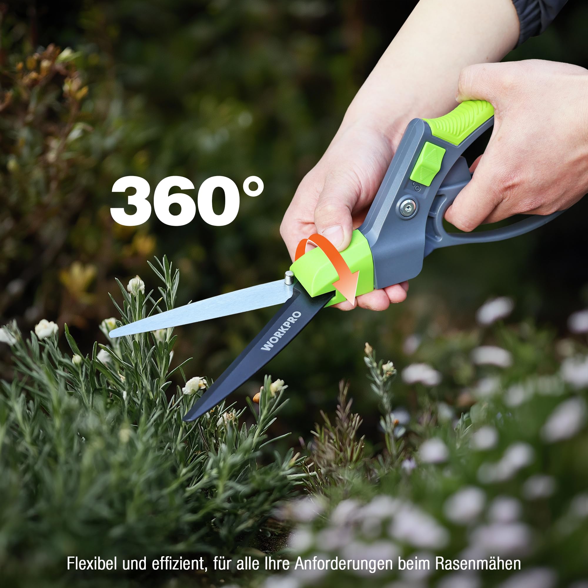 WORKPRO 360° Drehbare Grasschere 350mm, Rasenschere mit Ergonomischem Griff, Sicherheitsverschluss, Beschichtete Klingen für Langlebigkeit und Rostschutz, Ideal für Rasen, Pflanzen und Bonsai