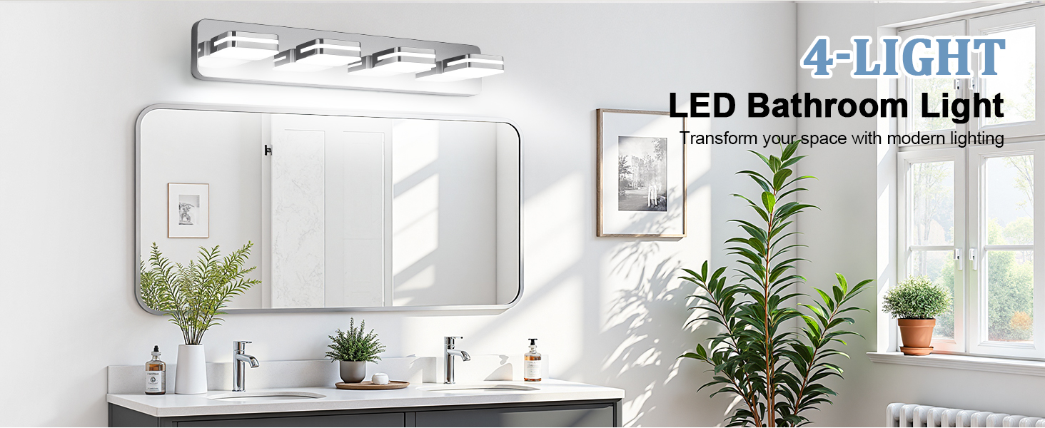 Image of Torondo 360 Rotate LED Bathroom Vanity Light Fixtures, Acrylic Vanity Lights for Bathroom, Modern Wall Lighting Fixtures Over Mirror Living, Chrome, Natural White, 4-Light, 27-Inch