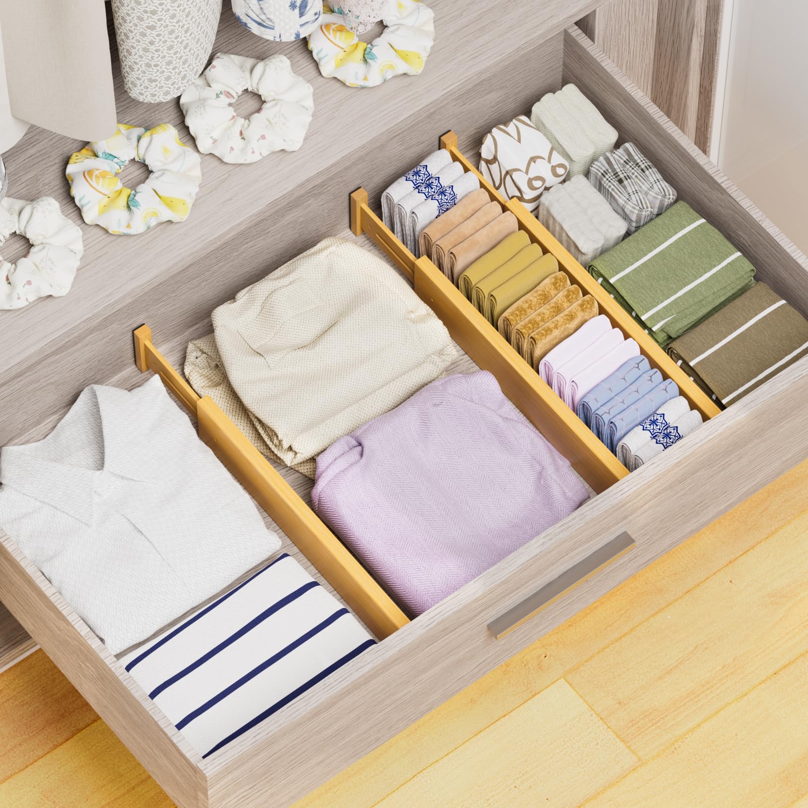 BAMBUROBA Separadores de cajones de bambú, organizador de cajones de cocina ajustable para ropa, separadores de organización de cajones expandibles de 17 a 22 pulgadas para dormitorio, baño, tocador y
