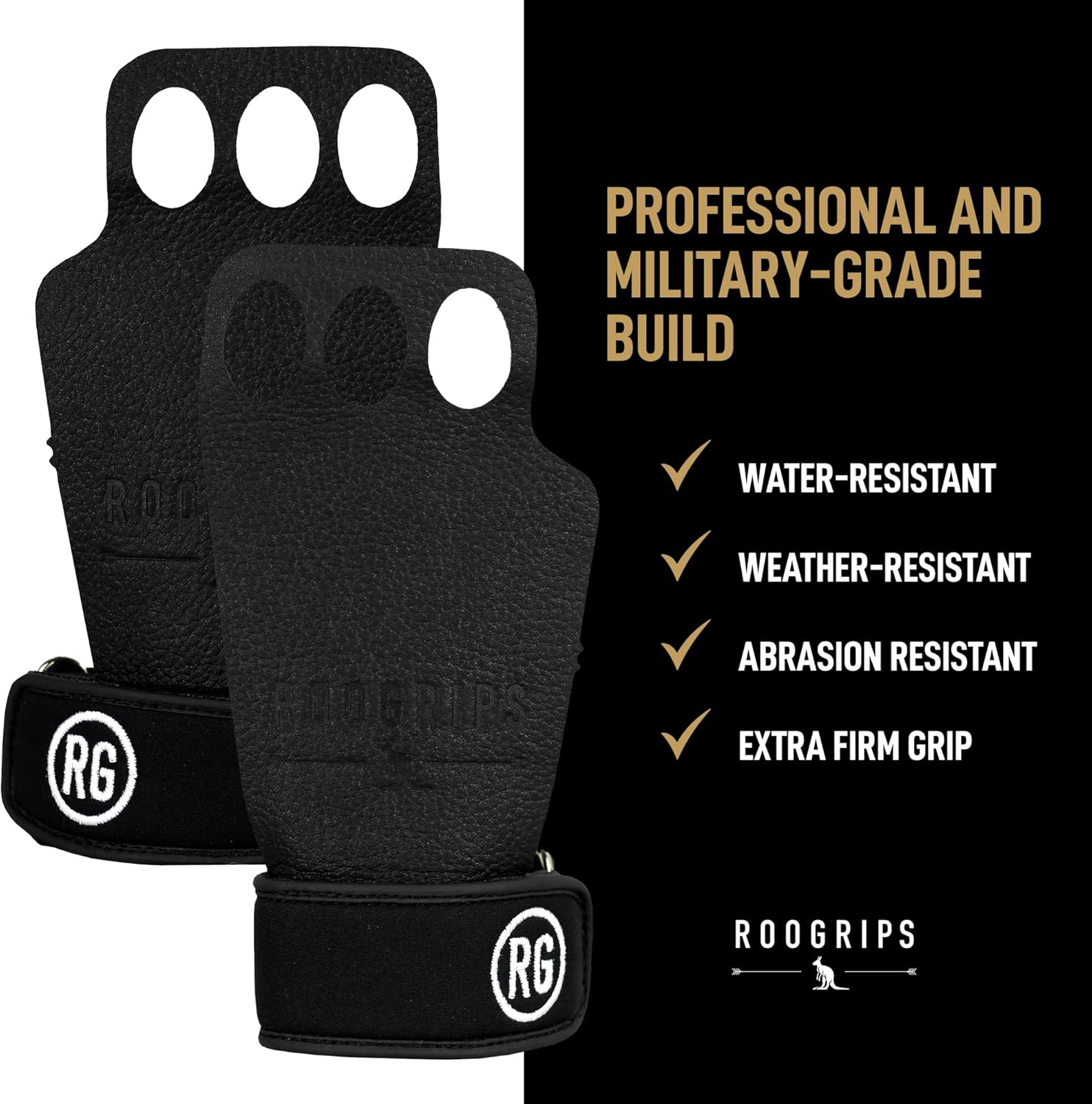 RooGrips 3 Finger Premium Leather Hand Grips for Gymnastic Bars, Cross Training, Gym & Home Workouts, Pull Up Bars & Weightlifting - The Most Durable Palm Guard from Rips and Blisters