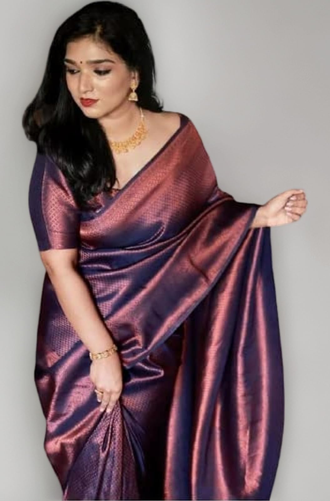 Women's NavyBlue Copper Kanjivaram Banarasi South Indian Traditional Soft Lichi Silk Saree With Un-stitched Blouse Piece
