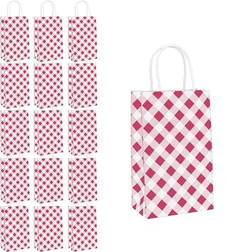 ECOHOLA Bolsas de papel a cuadros magenta, 16 piezas, color fucsia, bolsas de papel para fiestas, con asas, 9 x 5.5 x 3.2 pulgadas