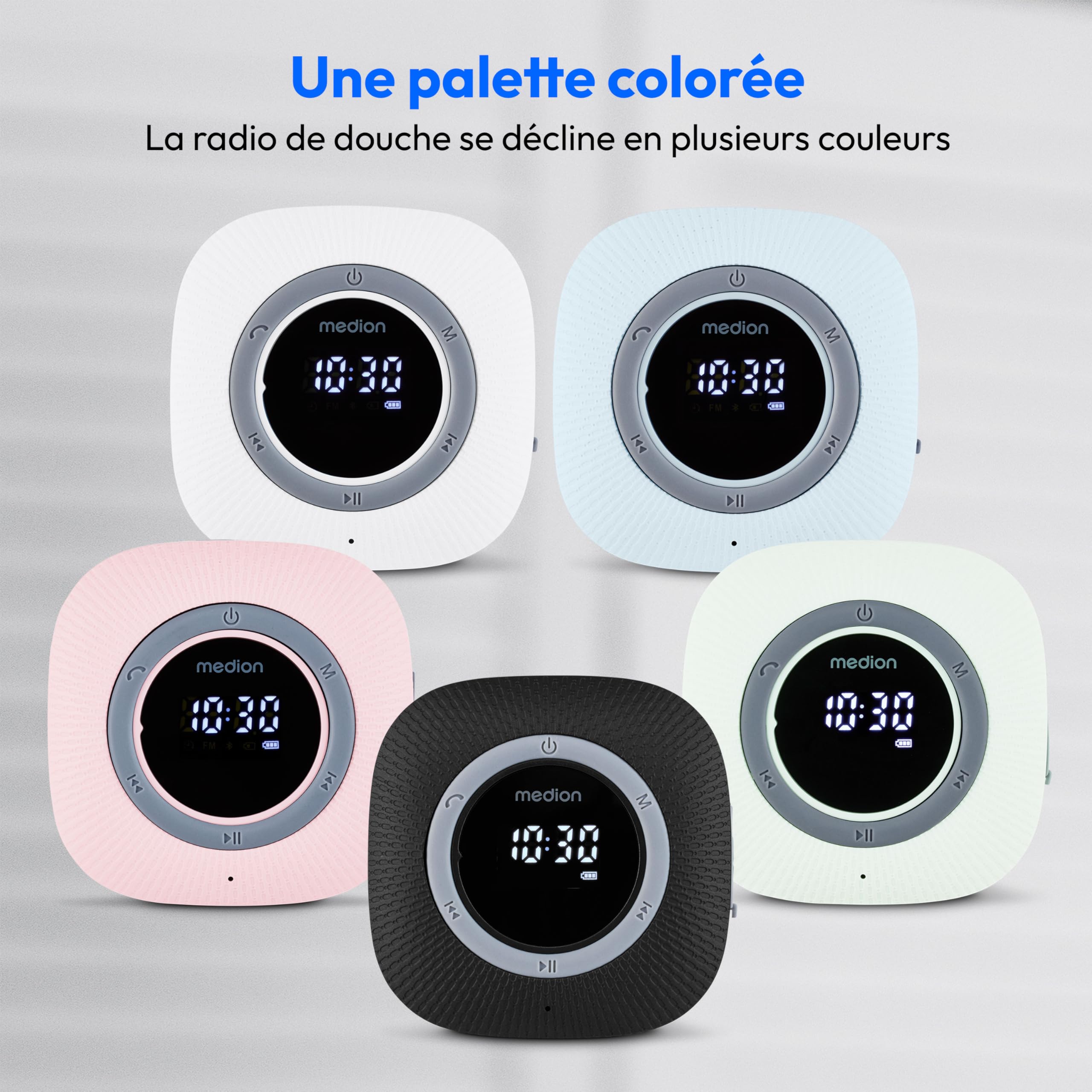 MEDION S66884 Radio de Douche avec Bluetooth (Radio de Salle de Bain, Radio FM, Ventouse, écran LED, IPX6 étanche, Batterie intégrée, MD43884) Blanc