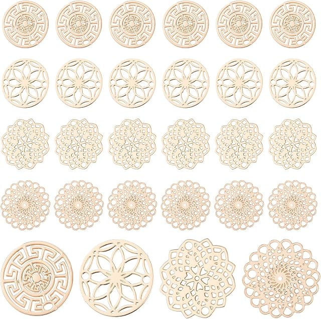 CHGCRAFT 96Pcs 4 Style Filigree Flat Round Connectors Flower Filigree Wrap Charms Brass Etched Metal Embellishments Long-Lasting Plated for Jewelry Making, Diameter 13-13.5mm, Light Gold