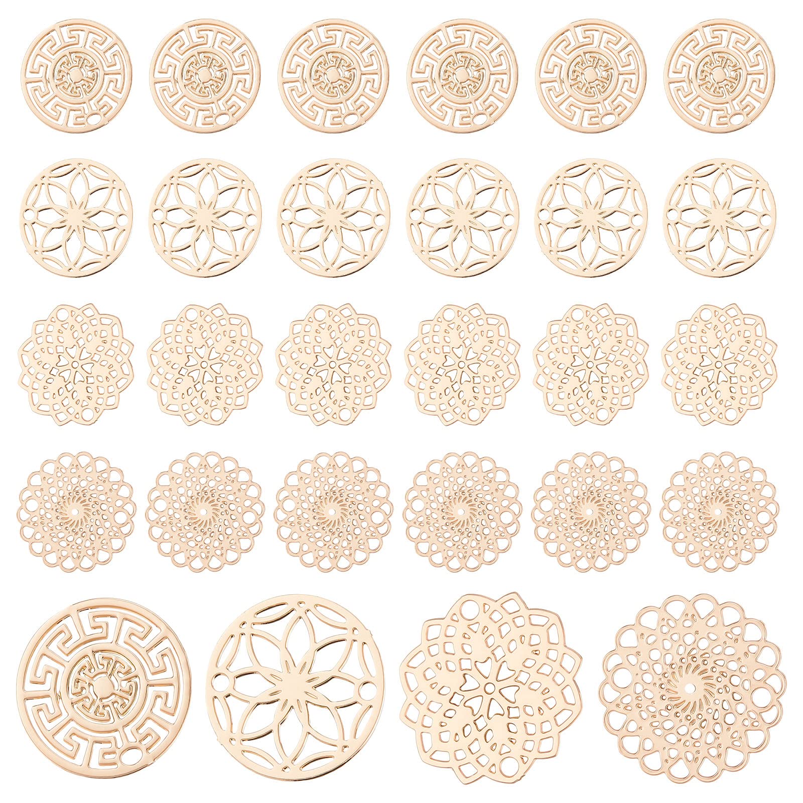 CHGCRAFT 96Pcs 4 Style Filigree Flat Round Connectors Flower Filigree Wrap Charms Brass Etched Metal Embellishments Long-Lasting Plated for Jewelry Making, Diameter 13-13.5mm, Light Gold