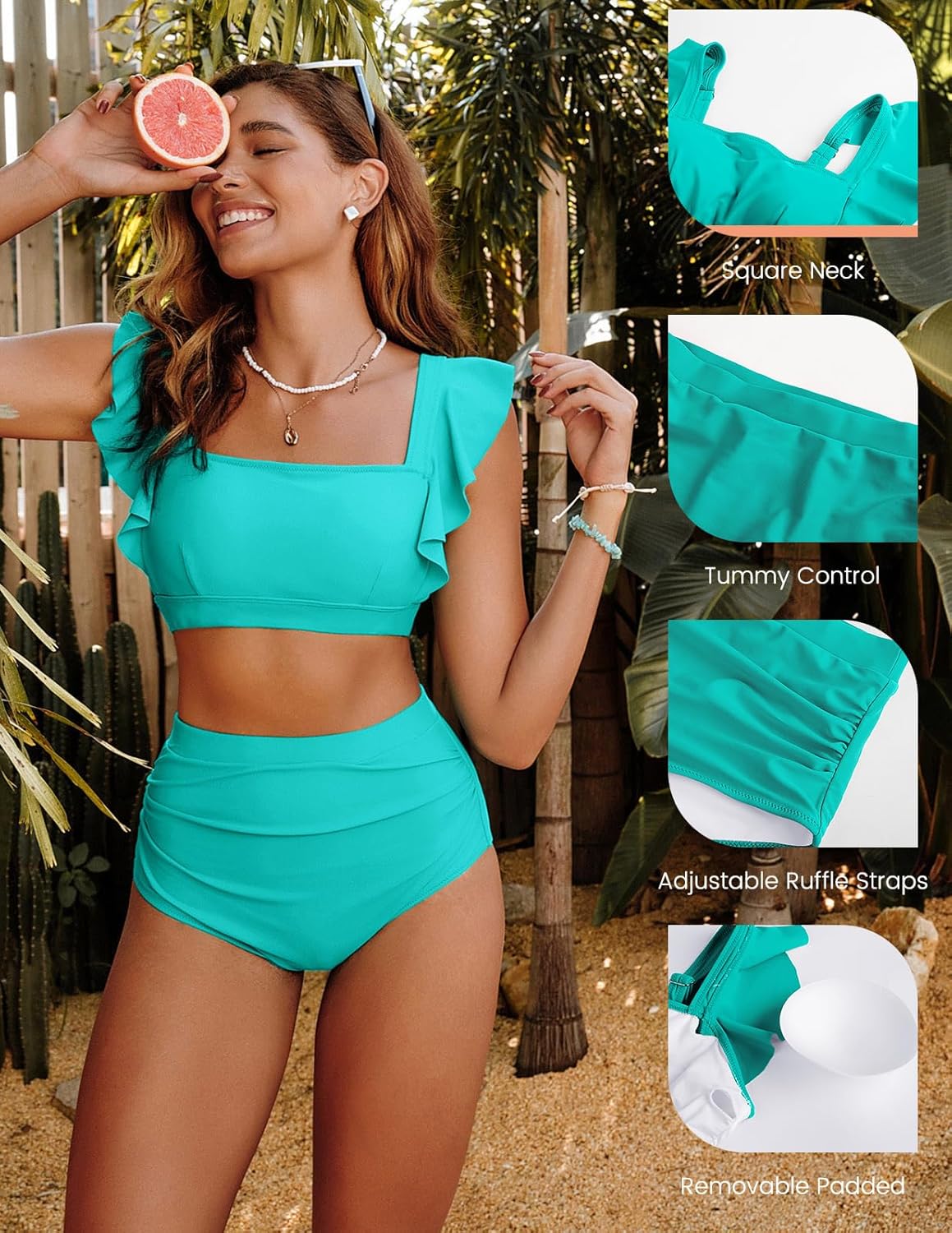 Kate Kasin Womens High Waisted Bikini Sets Ruffle Tummy Control Swimsuits Full Coverage Cheeky Two Piece Bathing Suit - Image 5