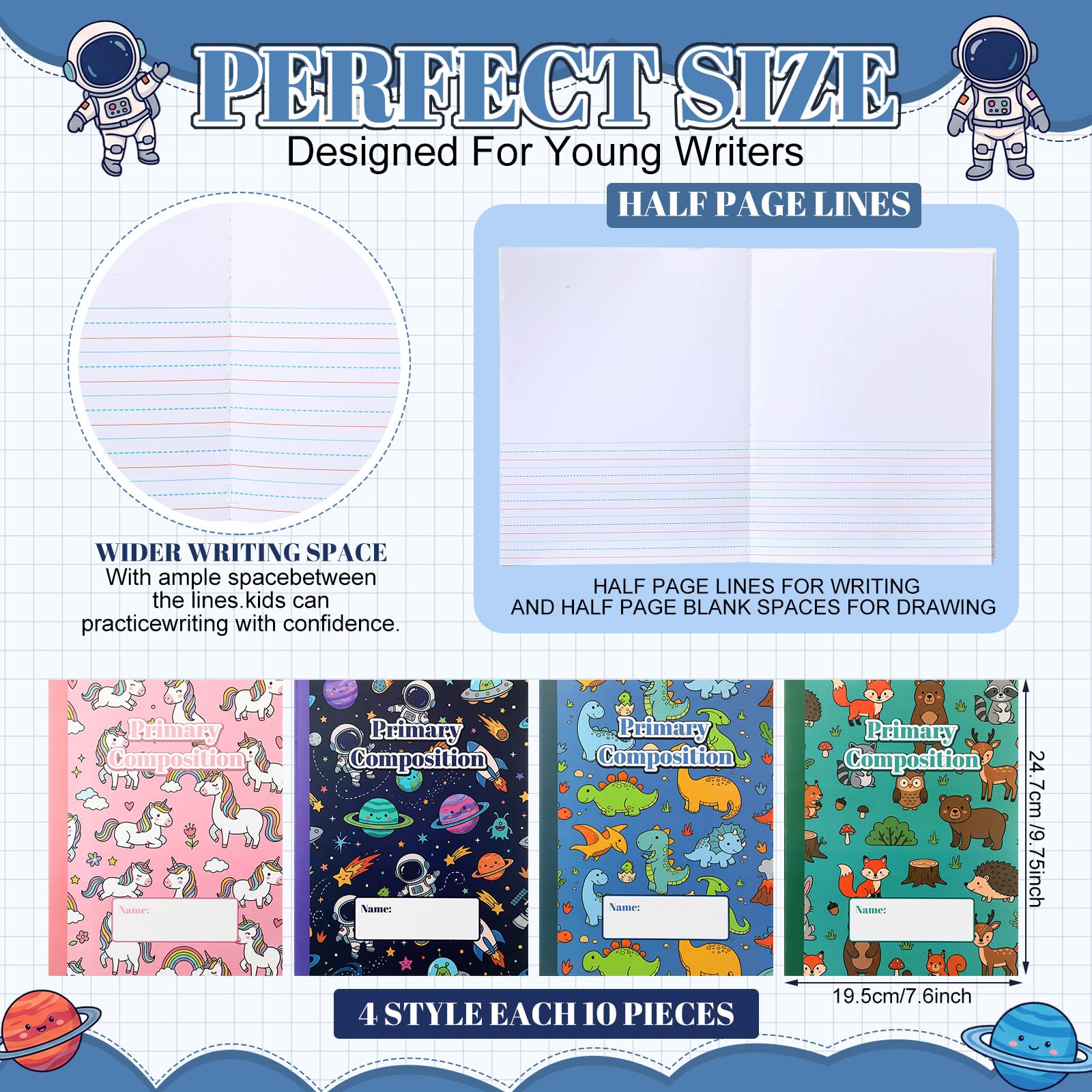 Resurhang 40 Pack Primary Composition Notebook K-2 Draw and Write Journal with Primary Ruled Lines 60 Pages 4 Style, Bulk School Supplies for Students, Teachers