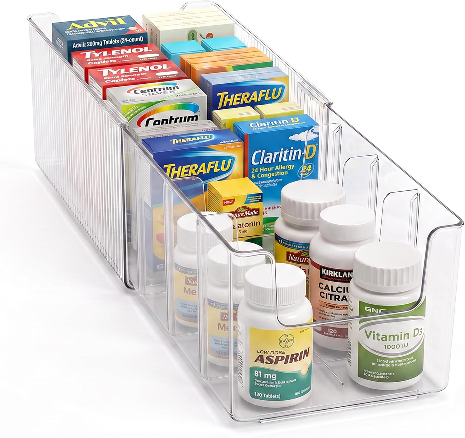 Expandable Medicine Cabinet Organizer 1 Pack, 5 Compartments Adjustable Clear Medicine Storage Box Bin with Removable Dividers, Vitamin Bottle Medication Organizer for Countertop Bathroom