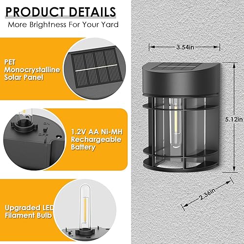 Miniatura 7 de Paquete de 8 luces solares de pared para exteriores, impermeables, luces solares de cerca, bombillas LED de filamento de tungsteno, luces solares de