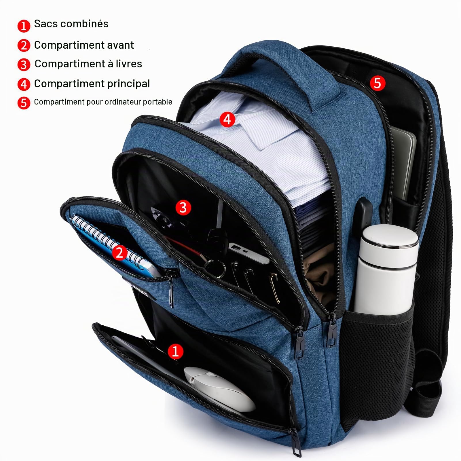 Sac a Dos Homme, Sac à Dos Ordinateur Portable 15.6 Pouces avec USB Charging Port Imperméable Antivol, Sac a Dos Ecole pour Loisir, College, Affaire