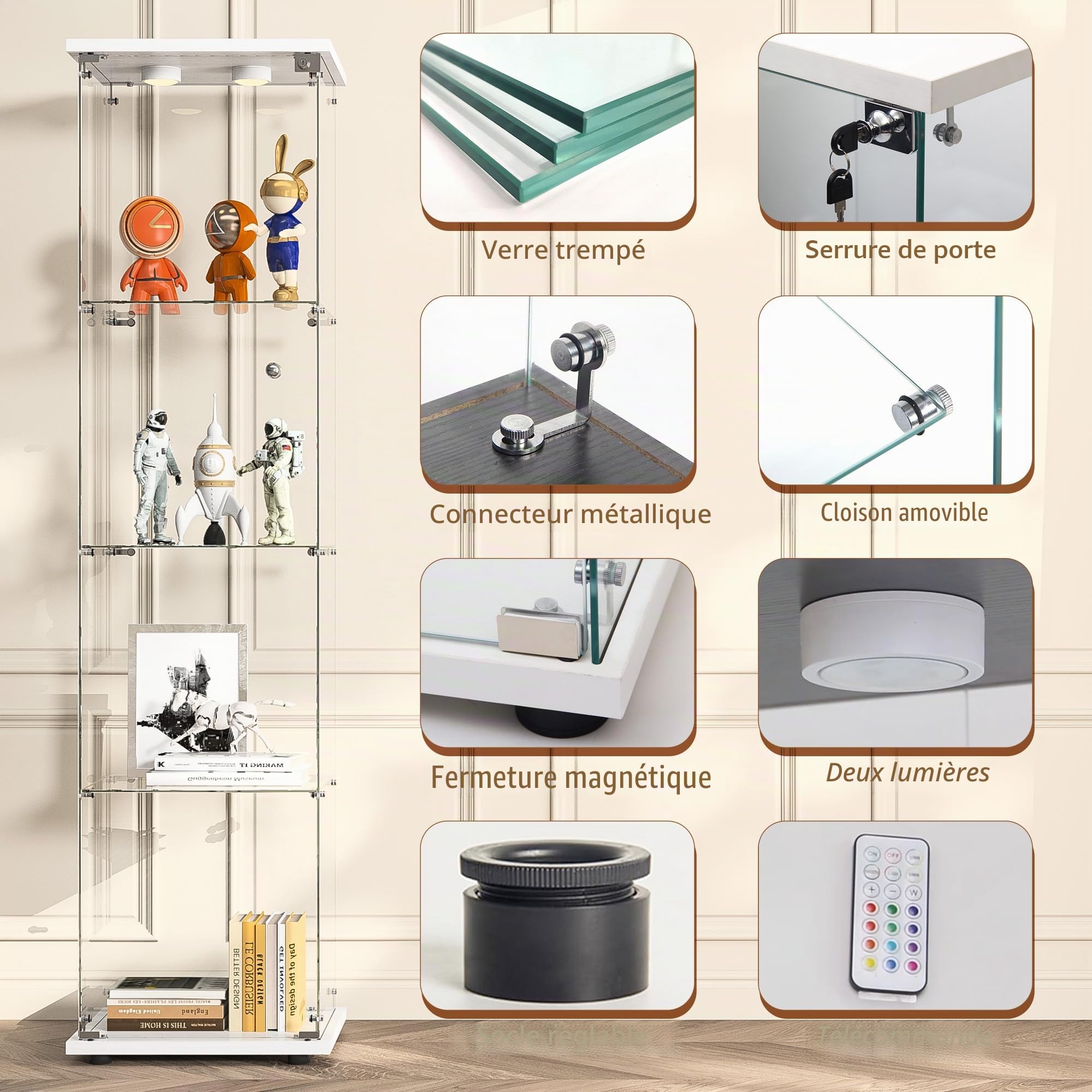 Vitrine en Verre avec LED,Armoire Vitrine pour Collection,1 Portes à Serrure,4 Étagères Adjustables, 164x42x36cm, Blanc