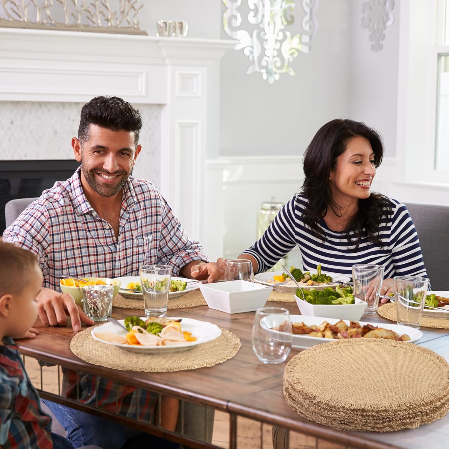 Aneco 24 Pcs Jute Placemats, 15 Inch Round Burlap Placemats, Boho Natural Jute with Fringe Table Mat, Heat Resistant Natural Farmhouse Table Mats for Wedding Birthday Party Dining Tables Decor