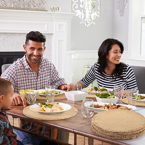 Miniatura 6 de Aneco 24 manteles individuales de yute, manteles individuales redondos de arpillera de 15 pulgadas, yute natural bohemio con flecos, resistentes al