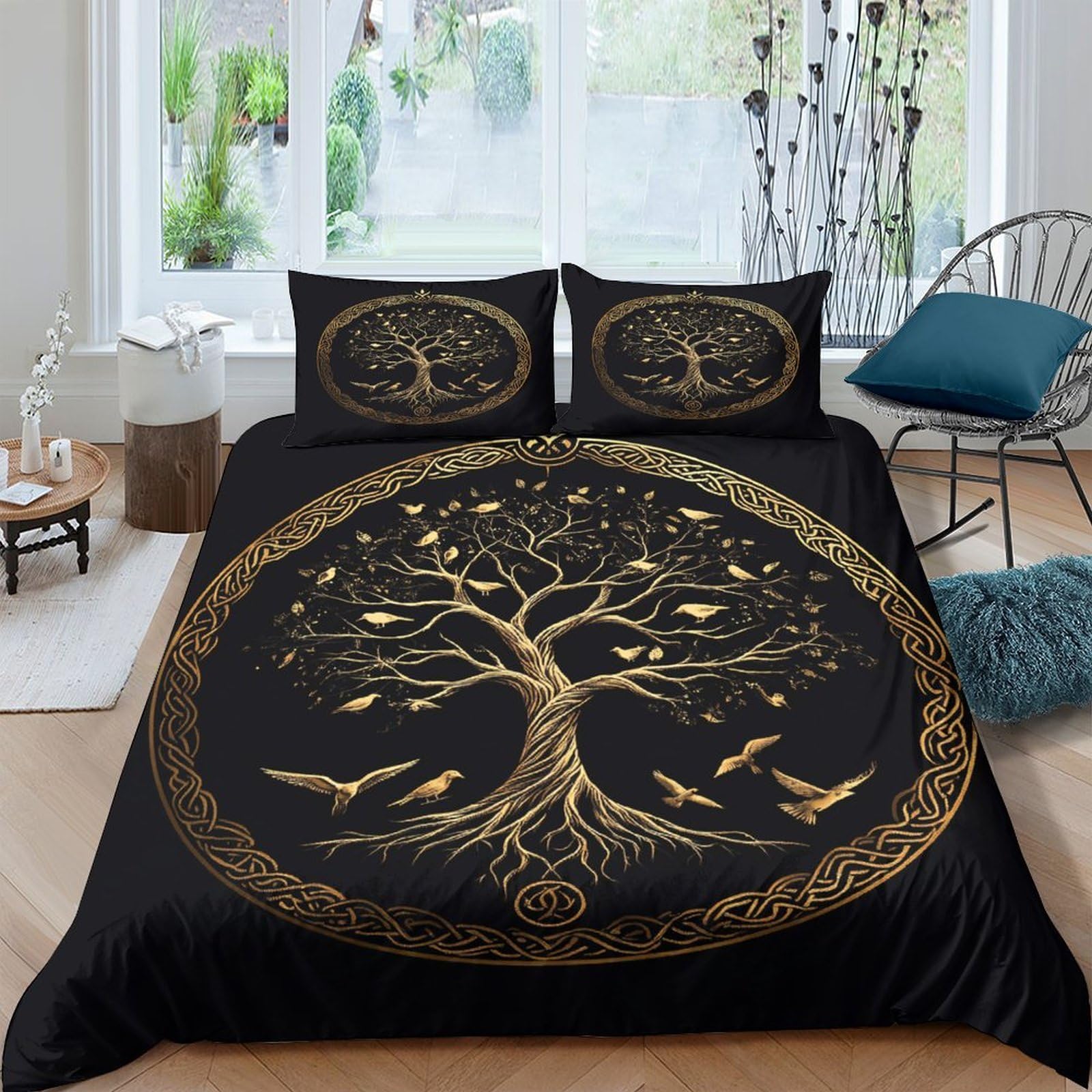 Ctjqhvkz Style-1 3D Printed Tree Of Life Fitted Sheet Microfiber Artistic Black Gold Roots Bed Cover For Bedroom Guest Room Easy Care Single（135X200cm）