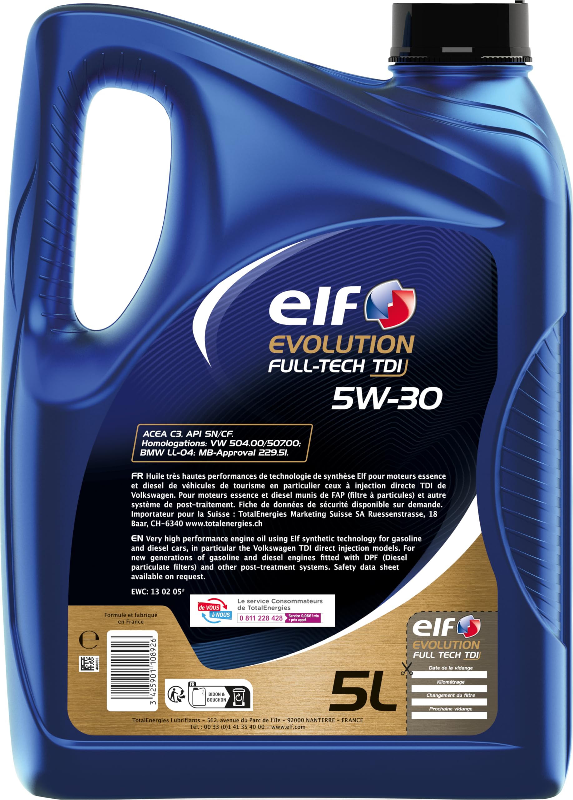 ELF EVOLUTION FULL-TECH TDI 5W-30, Huile moteur essence et Diesel, 5 litres