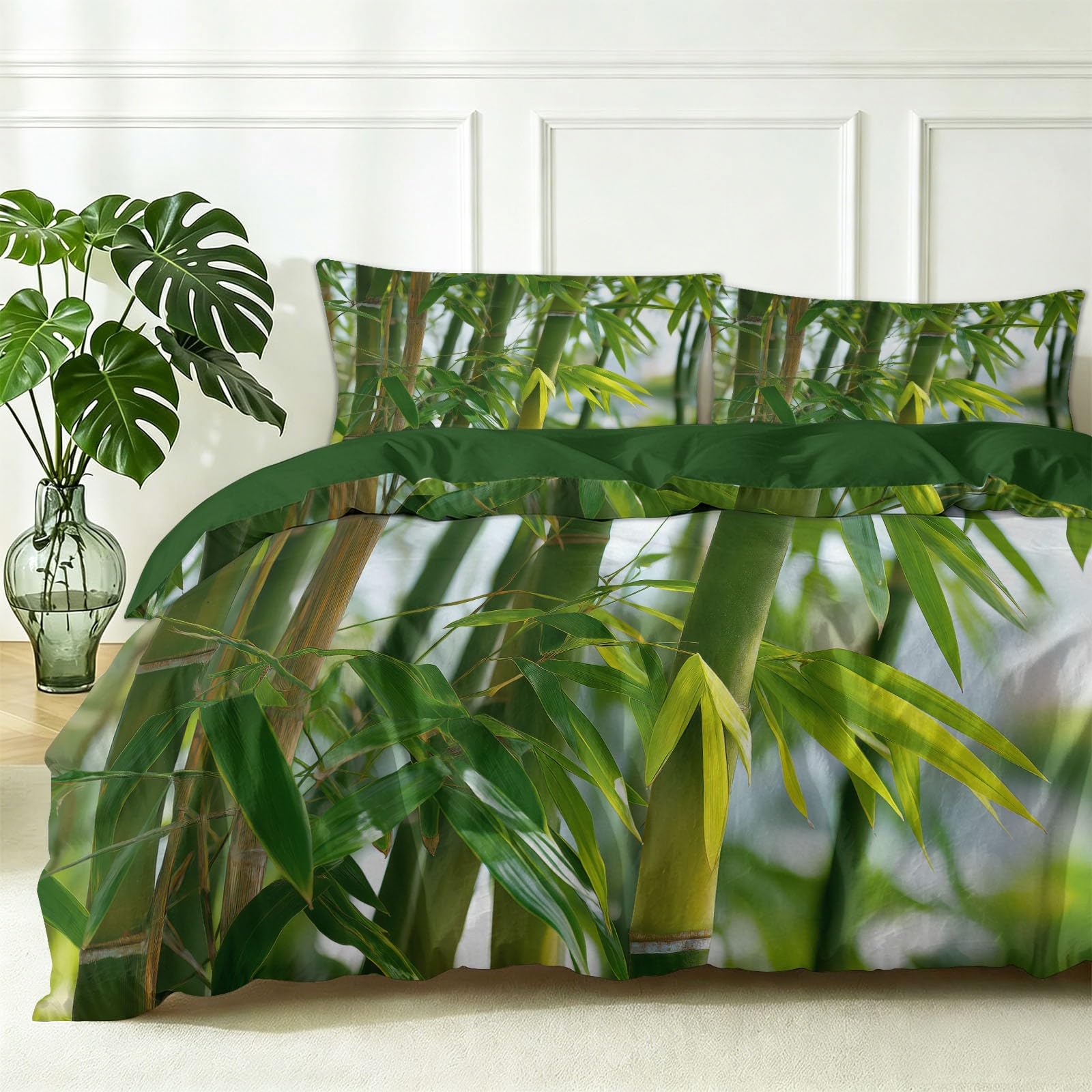 Miękki, lekki zestaw pościeli z mikrofibry, zielona naturalna ekologia roślina bambus las nadruk poszewka na kołdrę, 230 x 220 cm, na wszystkie pory roku, nie wymaga prasowania, z 2 poszewkami na