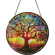 Colorful Tree of Life Sun Catcher Stained Glass Window Hanging SunCatcher Glass Panel Garden Decor, Birthday Gift for Women, Men, Wife, Aunt, and Mom, 7.8 in
