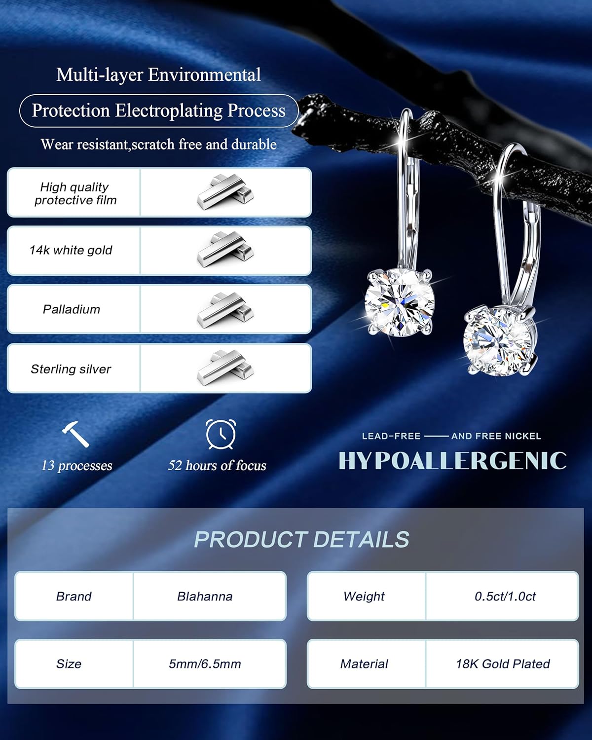 Moissanite Earrings,1.0ct-2.0ct D Color Brilliant Round Cut Earring 18K White Gold Plated Sterling Silver Dangle Earrings Moissanite Leverback Drop Earring s - Image 3