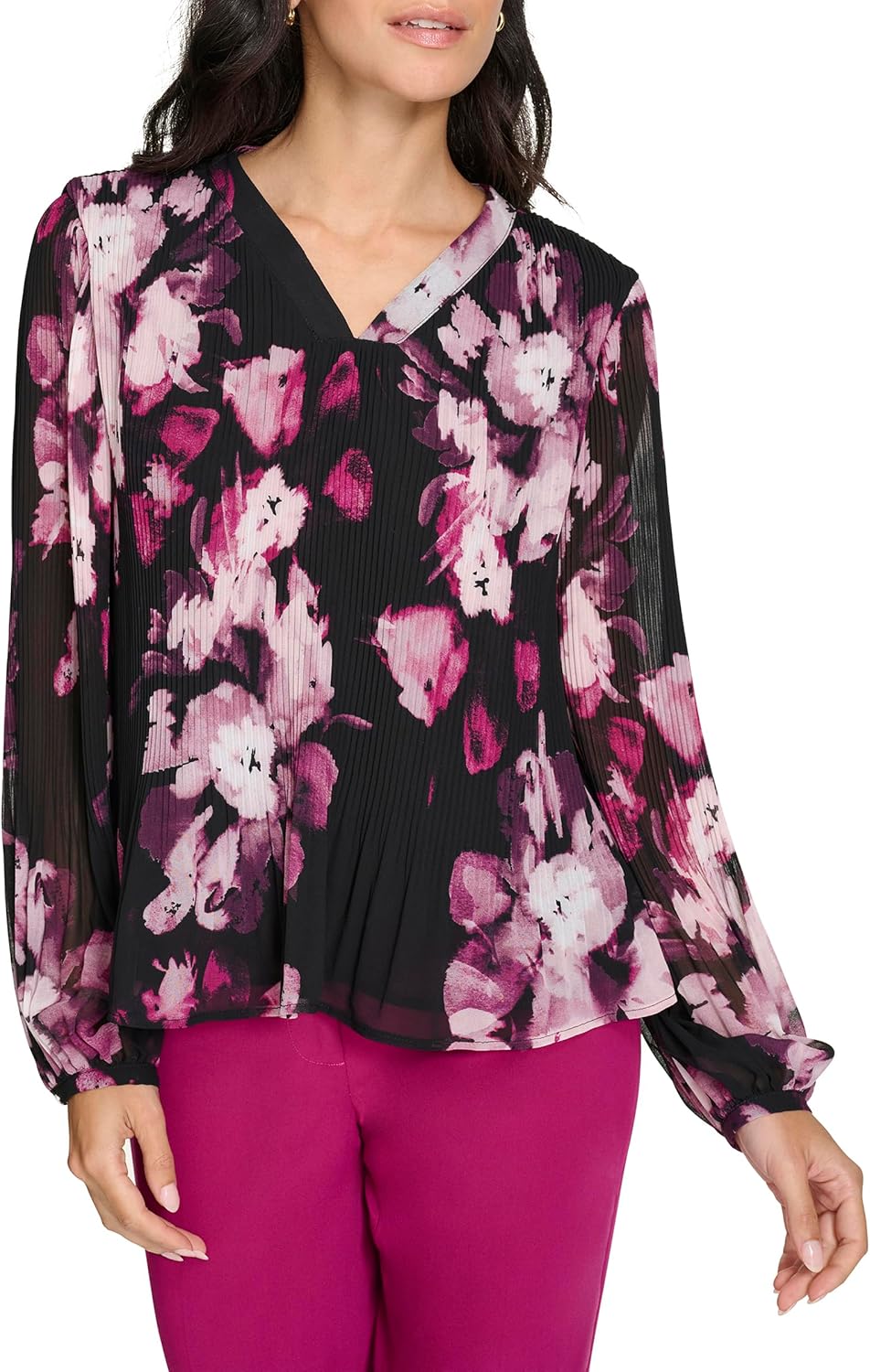 Calvin Klein Womens Long Sleeve Pleated Woven Top