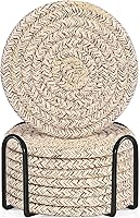 ABenkle 8-Pack Absorbent Cotton Woven Drink Coasters with Holder - 4.3" Minimalist Boho Set for Table Protection, Mixed Brown
